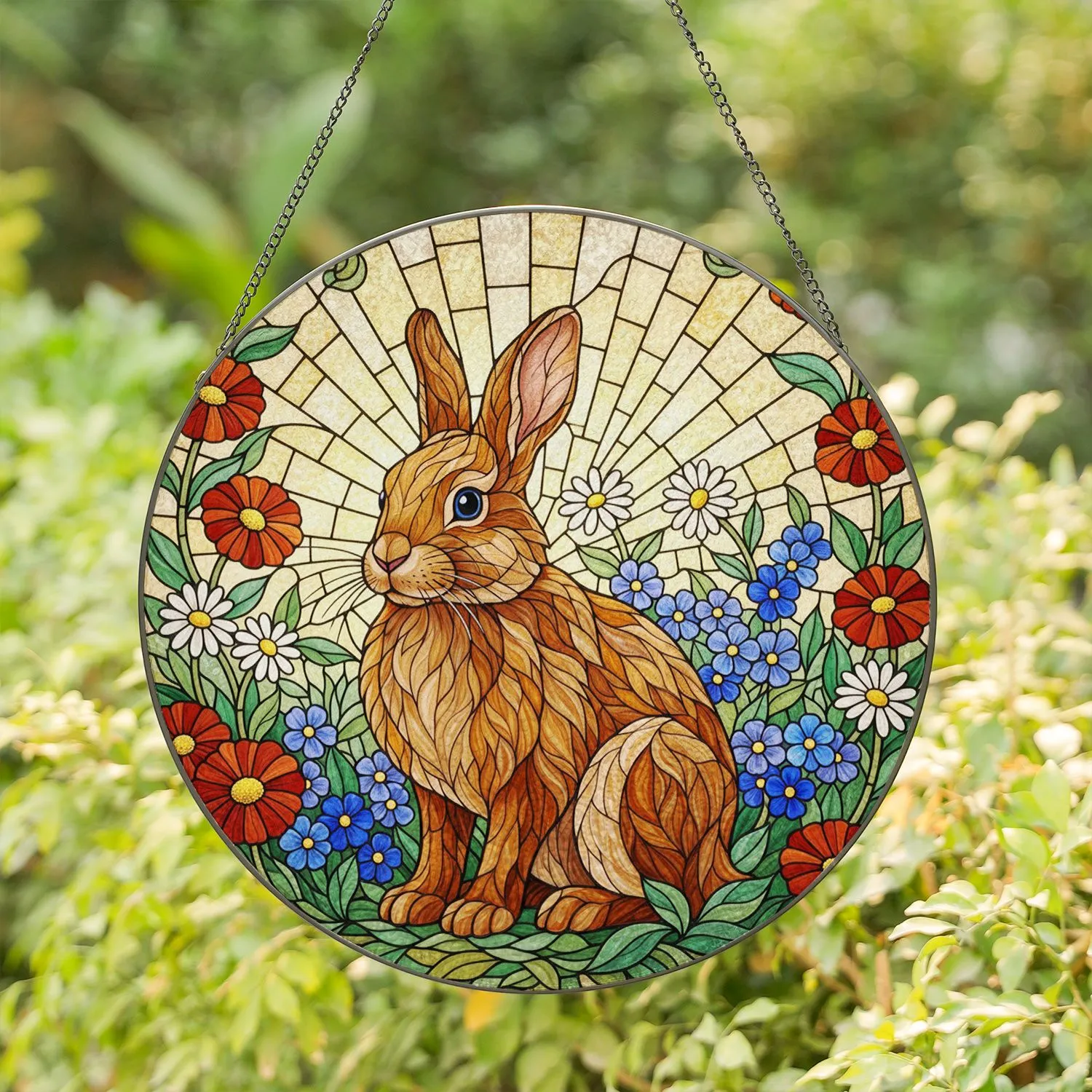Stained Glass Fluffy Rabbit Wildflowers Mosaic - Glowing Tiffany Style Home Decor Art Stained Glass Suncatcher - 1