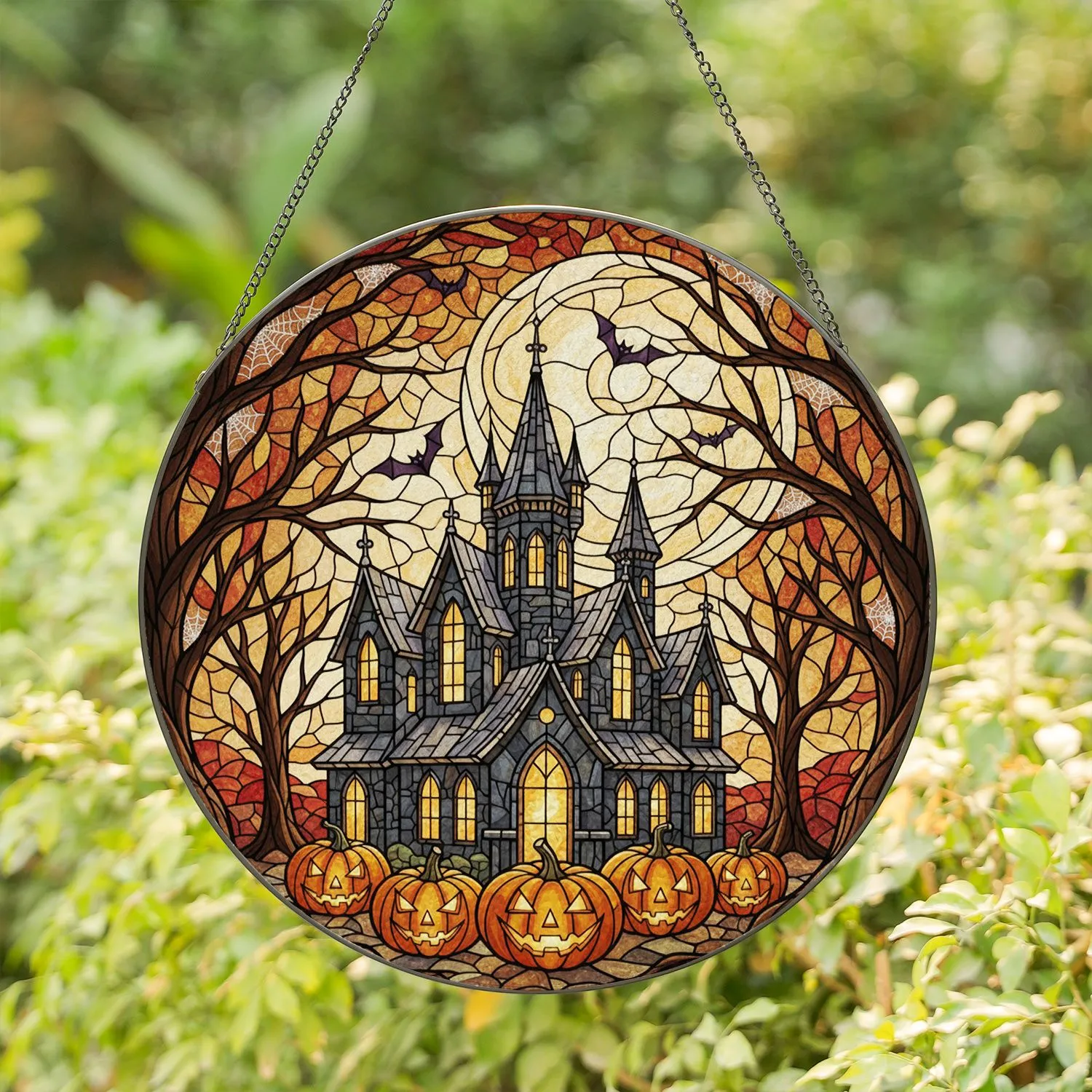 Spooky Gothic Mansion Jack-o'-lantern Bats Moon Autumn Tiffany Halloween Decor Stained Glass Suncatcher - 1