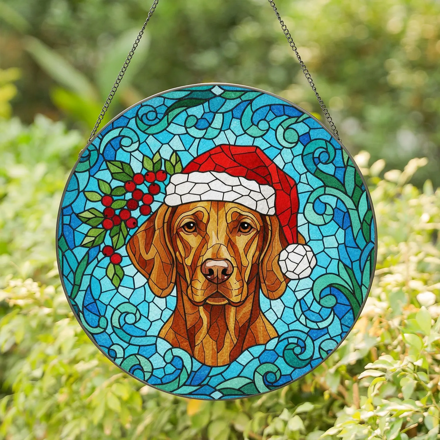 Vizsla Dog Santa Hat Stained Glass Art Red Berries Green Leaves - Christmas Dog Lover Gift Stained Glass Suncatcher - 1