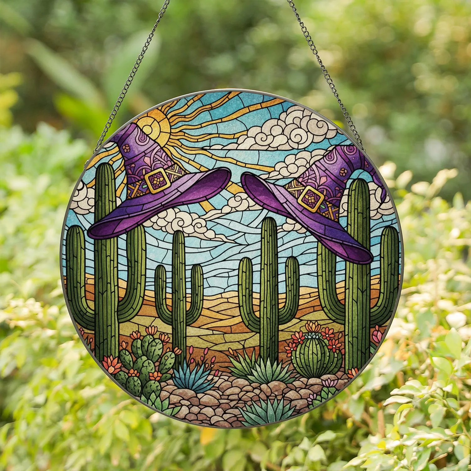 Ornate Purple Witch Hats Saguaro Cactus Desert Tiffany Glass Landscape Stained Glass Suncatcher - 1
