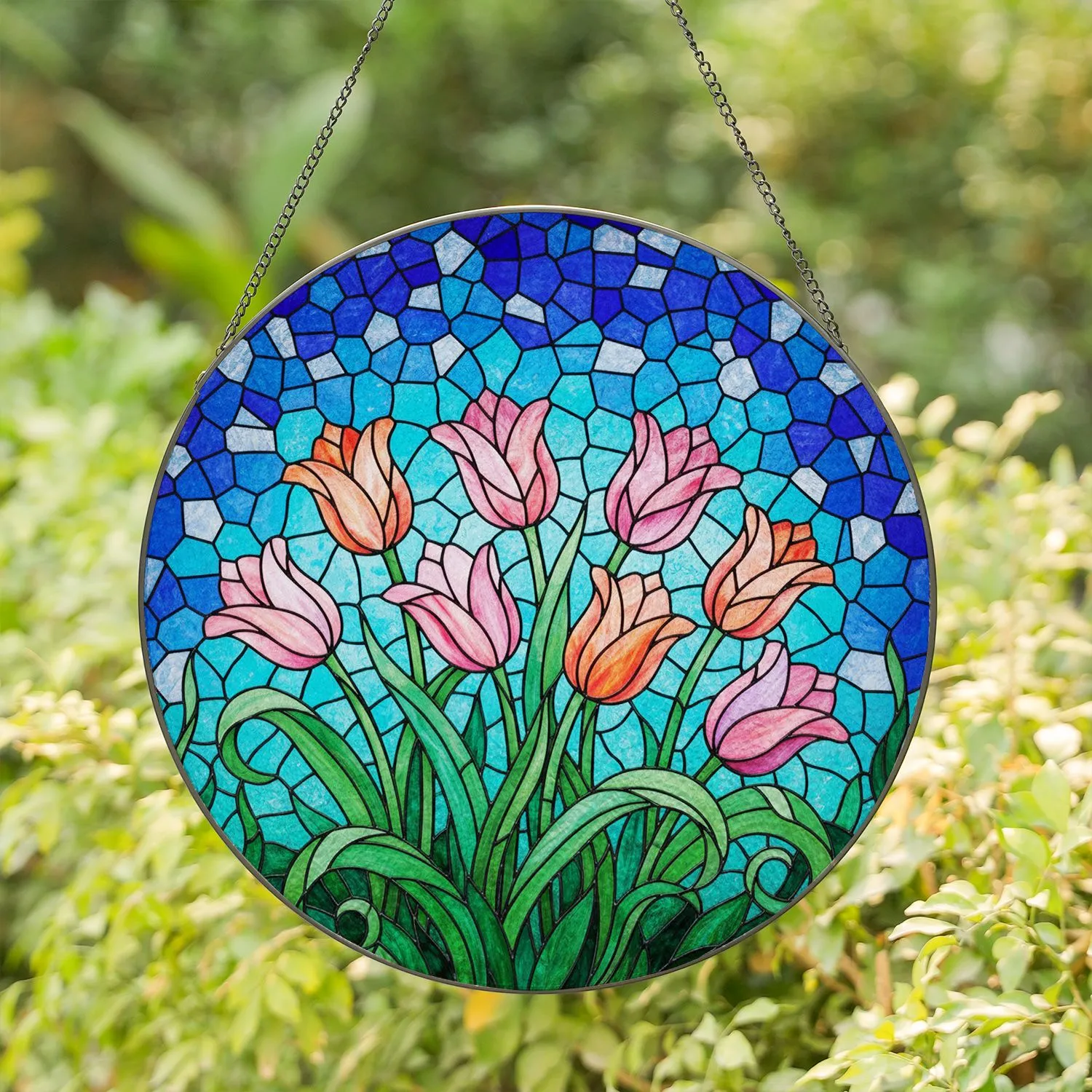 Tiffany Style Stained Glass Tulips Lush Green Leaves - Light-Filtering Mosaic Sky Window Art Stained Glass Suncatcher - 1