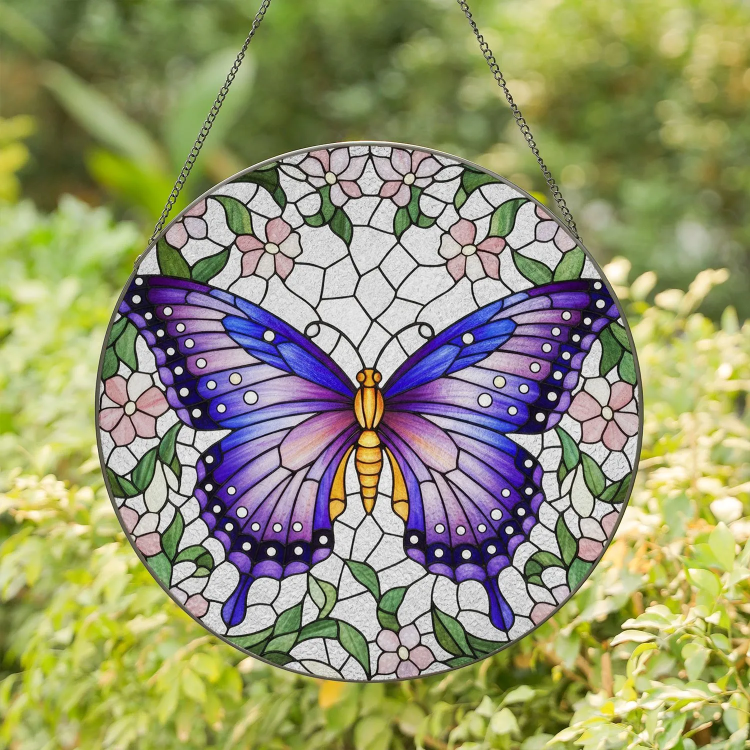 Majestic Butterfly Stained Glass Tiffany Floral Mosaic Deep Purples Blues Gift Stained Glass Suncatcher - 1