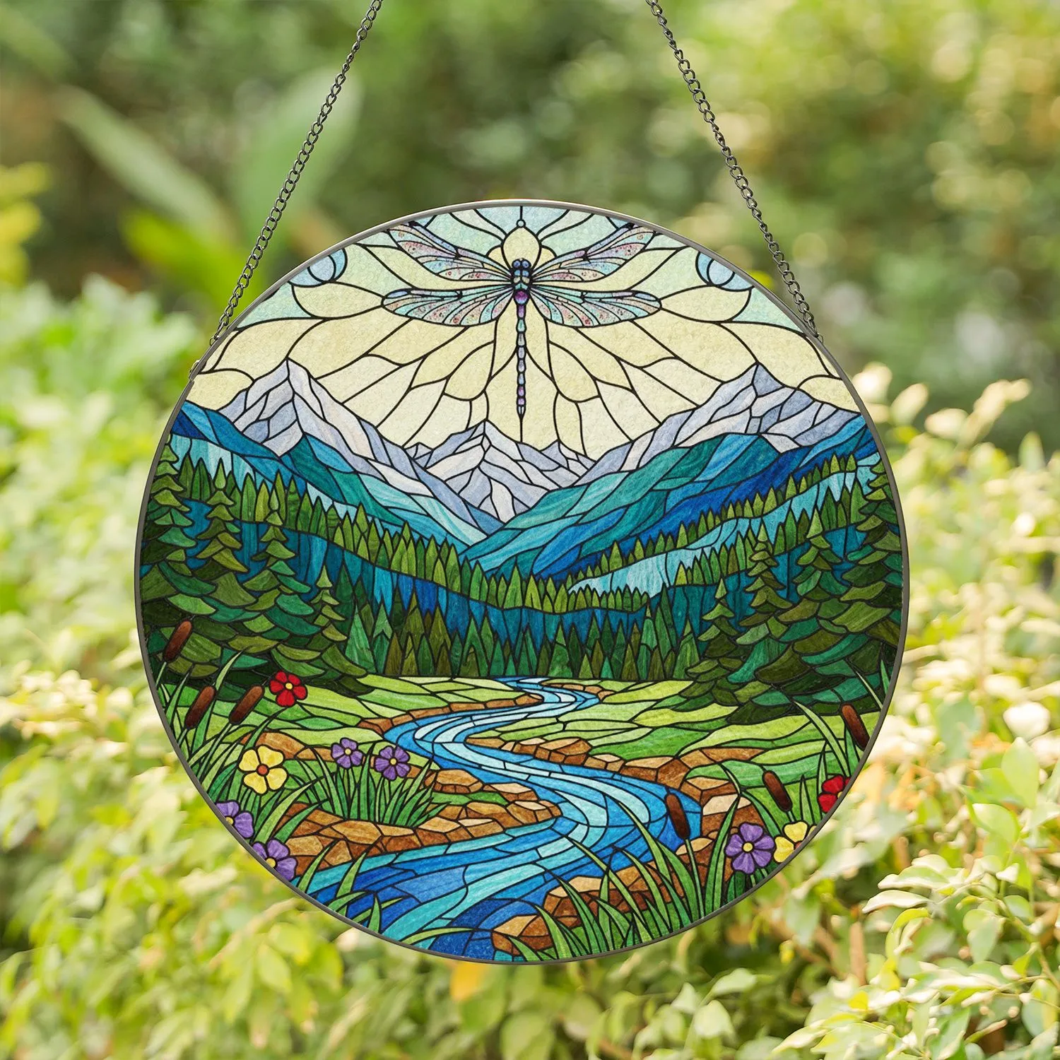 Dragonfly River Mountain Tiffany Style - Wildflower Evergreen Forest Nature Decor Gift Stained Glass Suncatcher - 1