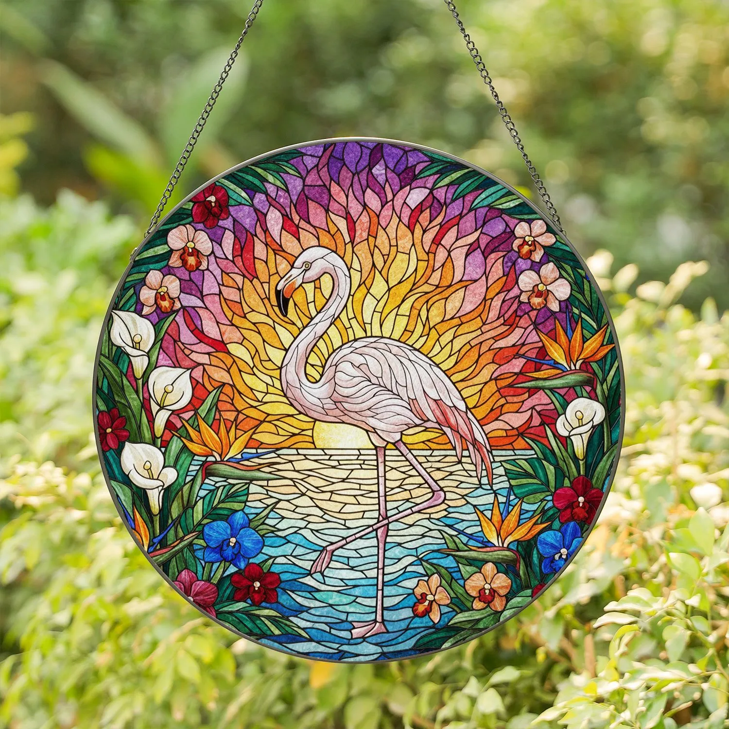 White Flamingo Tropical Flowers Sunset Water Mosaic - Jewel Tone Tiffany Stained Glass Art Stained Glass Suncatcher - 1