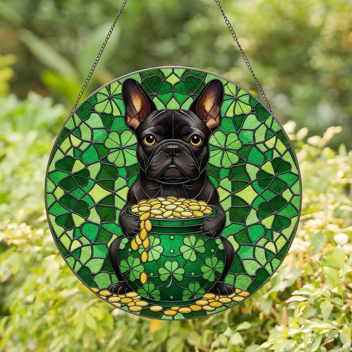 Black French Bulldog Gold Coins Shamrocks Irish St. Patrick's Day Good Luck Gift Stained Glass Suncatcher - 1