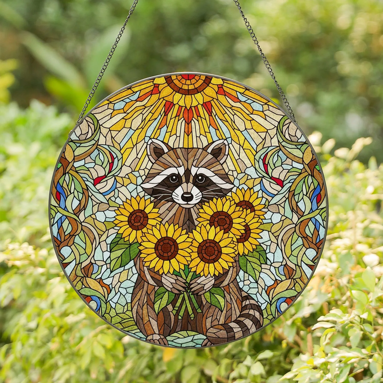 Raccoon Sunflowers Tiffany Stained Glass Art - Intricate Jewel Tone Mosaic Decor Stained Glass Suncatcher - 1