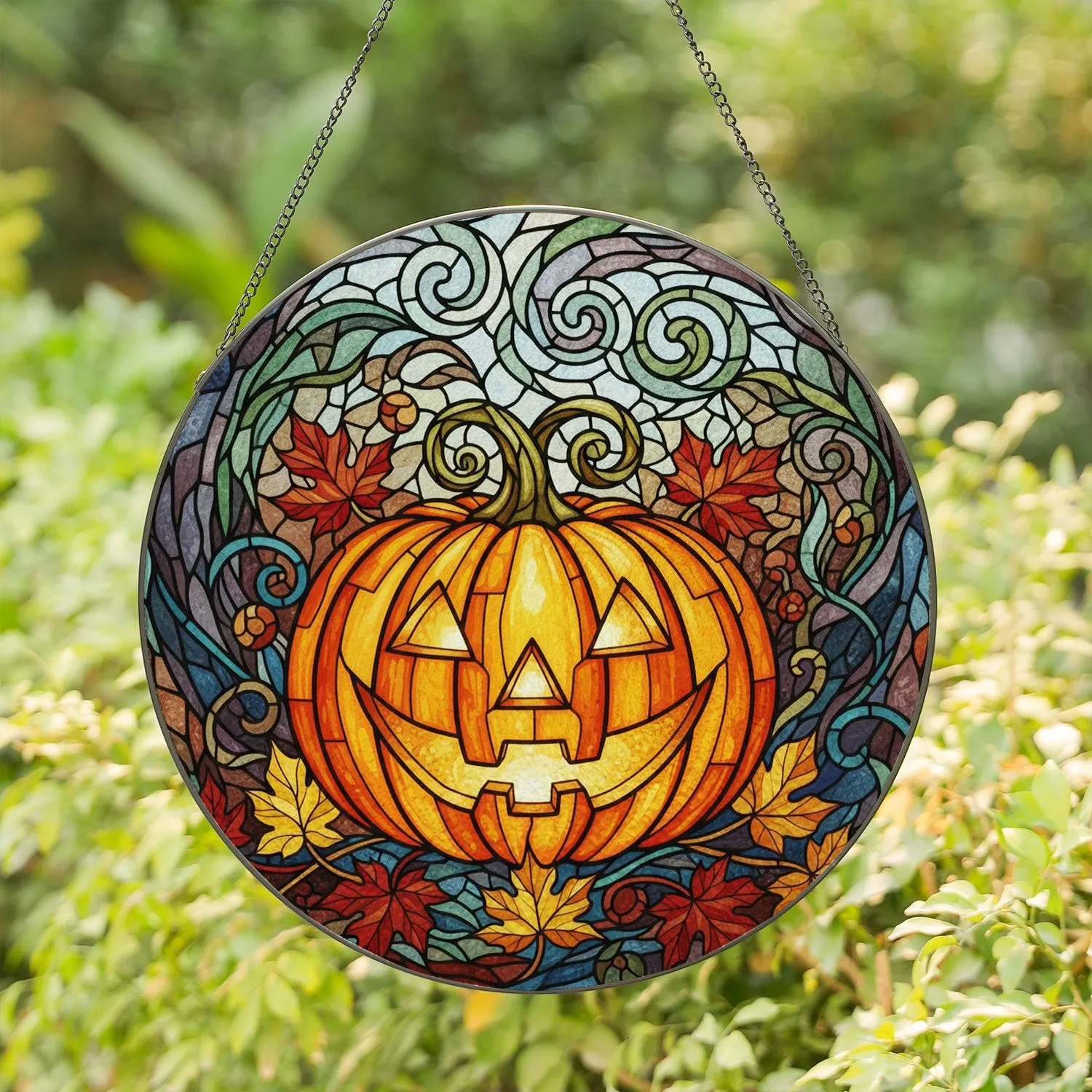 Tiffany Glass Grinning Jack-o'-lantern Autumn Leaves Halloween Mosaic Fall Decor Stained Glass Suncatcher - 1
