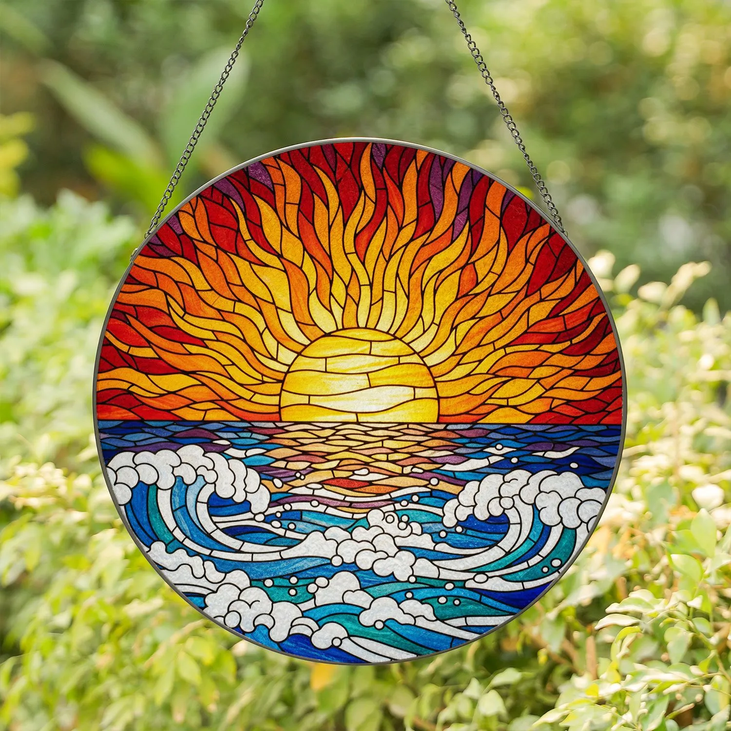 Glowing Sun Ocean Waves Stained Glass - Tiffany Style Intricate Sunset Seascape Art Home Decor Stained Glass Suncatcher - 1