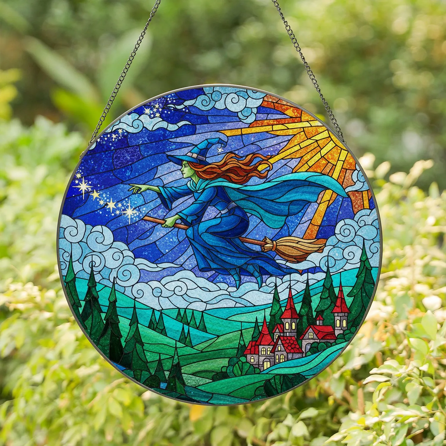Witch Flying Broom Fantasy Village Intricate Stained Glass Art Radiant Sun Jewel Tones Stained Glass Suncatcher - 1