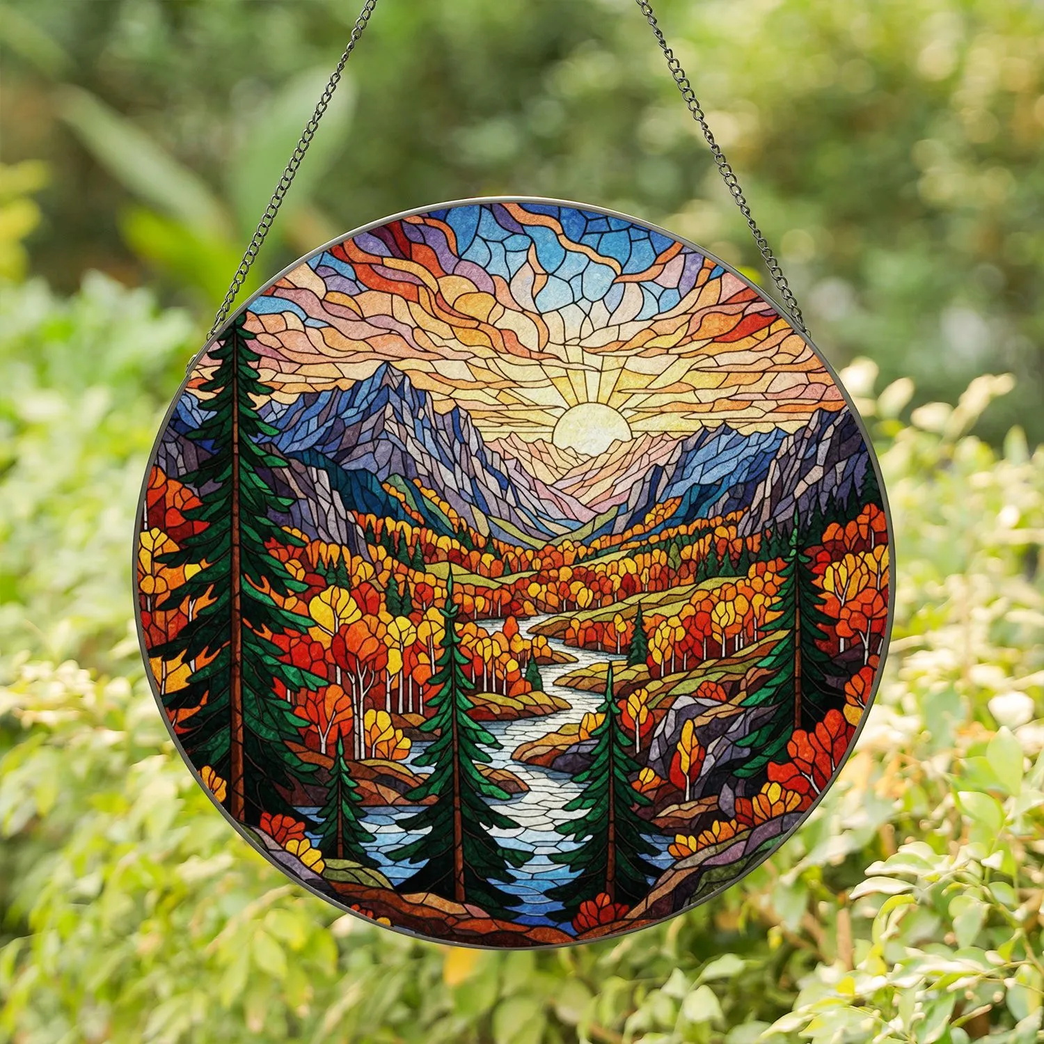 Stained Glass Mountain River Landscape Art - Evergreen Autumn Trees Rocky Hills Decor Gift Stained Glass Suncatcher - 1
