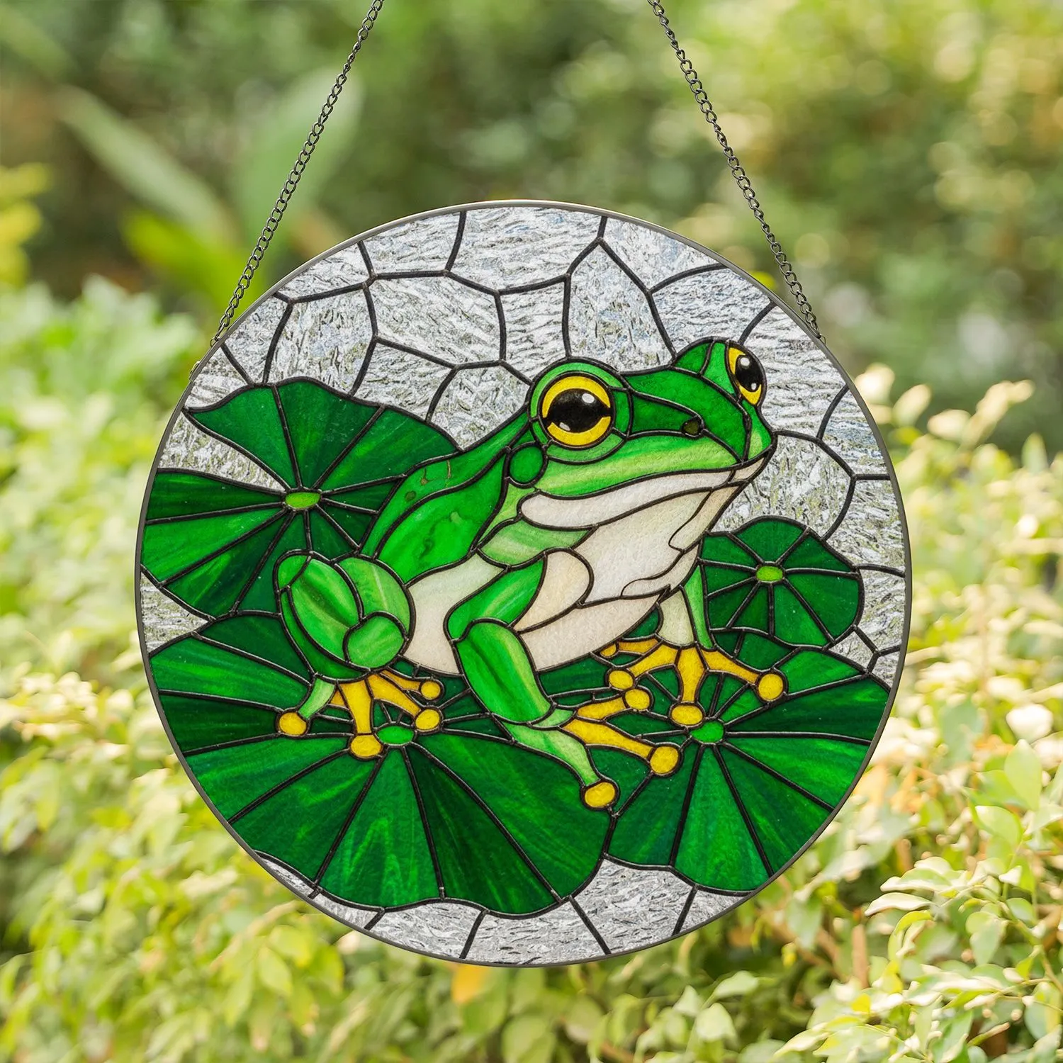Intricate Tree Frog Stained Glass Lily Pad Mosaic - Glowing Tiffany Style Jewel Art Stained Glass Suncatcher - 1
