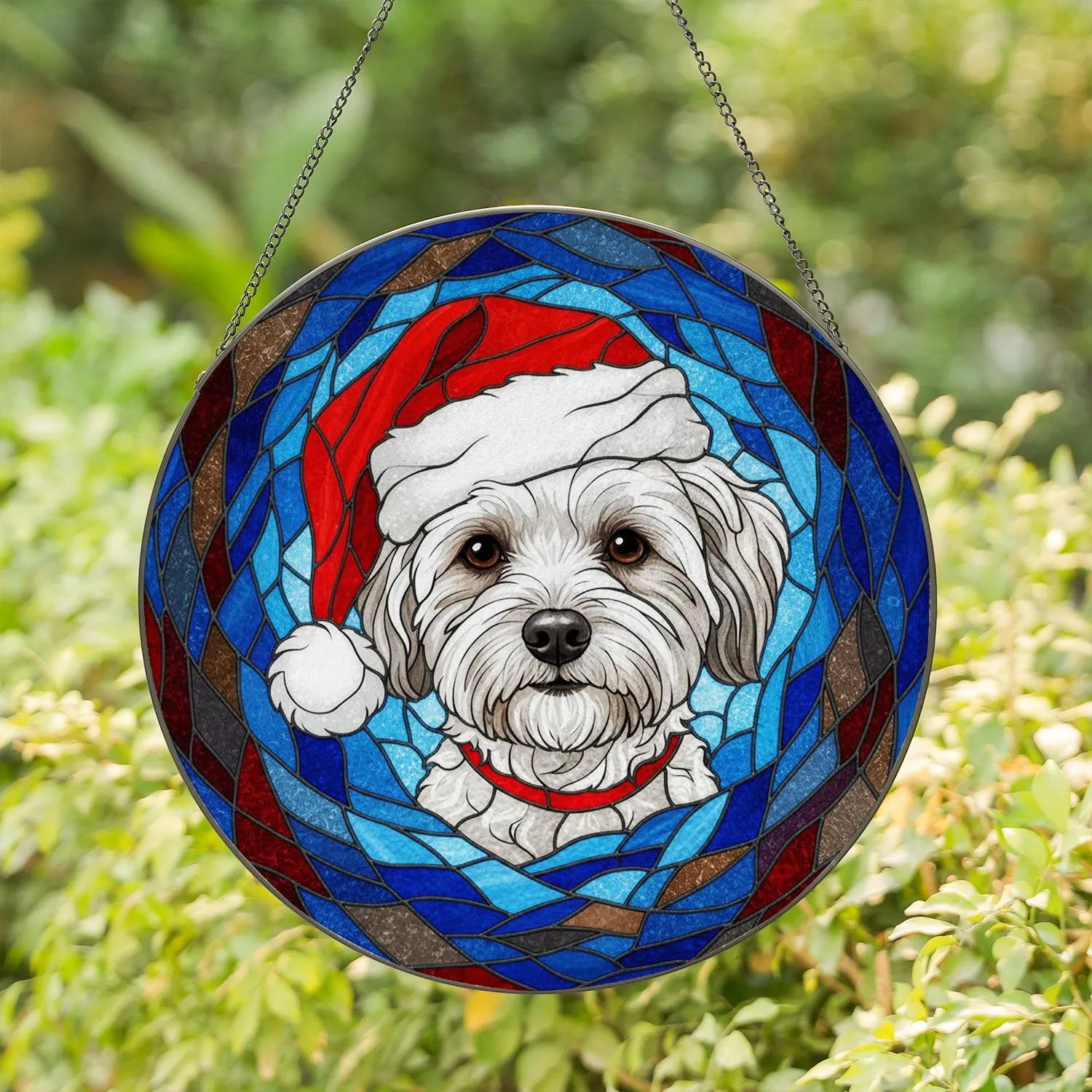 White Fluffy Dog Santa Hat Stained Glass Tiffany Mosaic Christmas Holiday Decor Stained Glass Suncatcher - 1