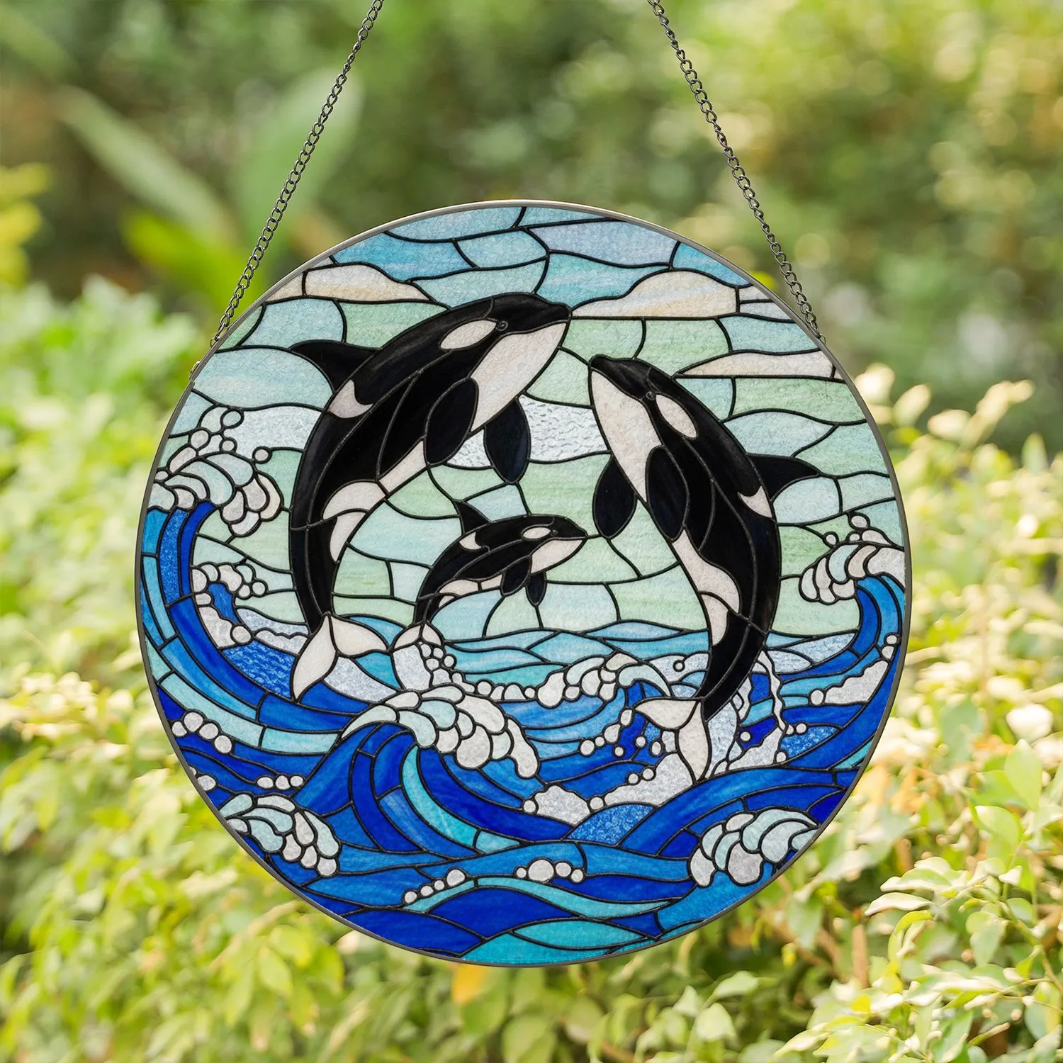 Black & White Orca Family Leaping Tiffany Stained Glass - Intricate Ocean Waves Art Stained Glass Suncatcher - 1