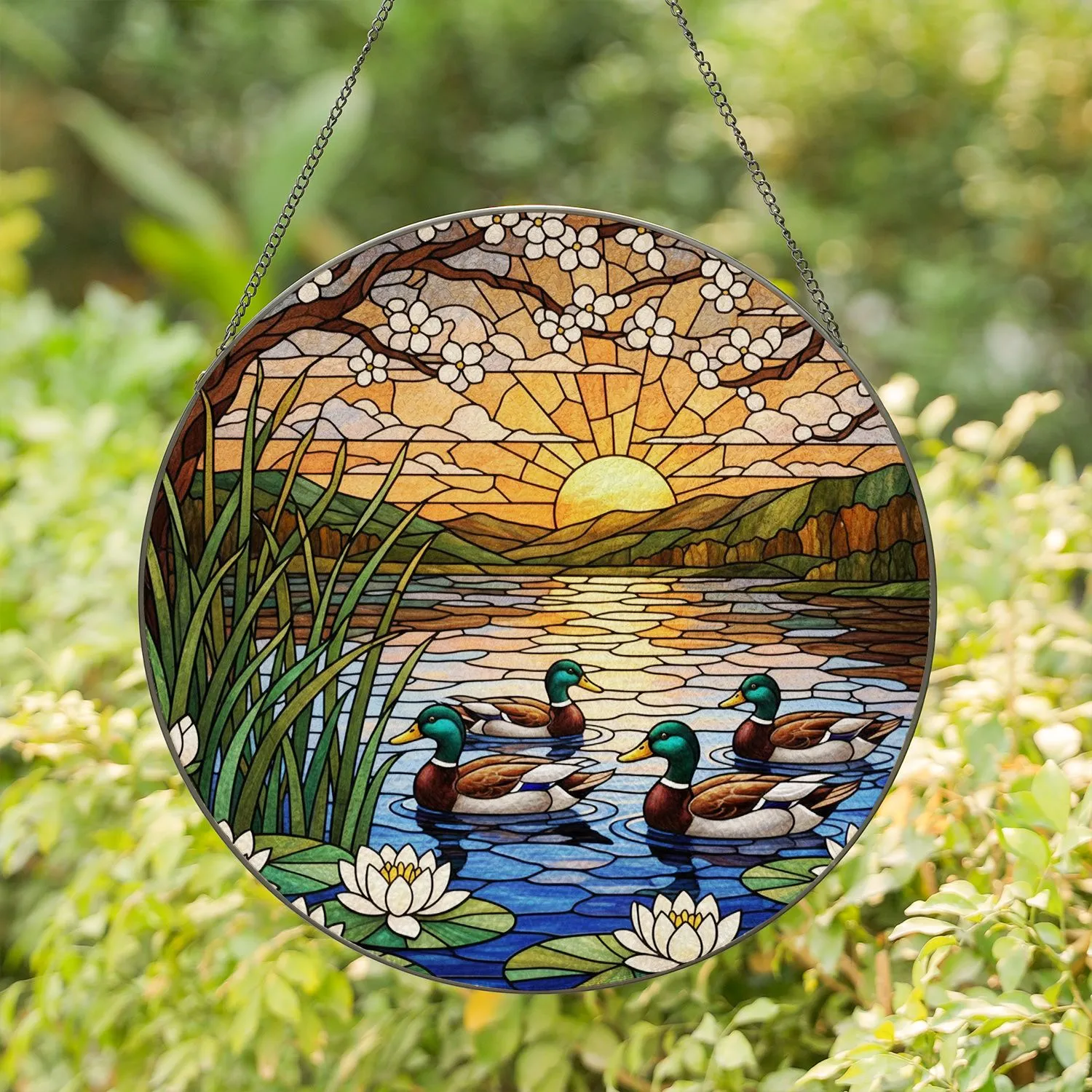 Three Ducks Swimming Stained Glass Water Lilies Sunset Hills Window Art Decor Gift Stained Glass Suncatcher - 1