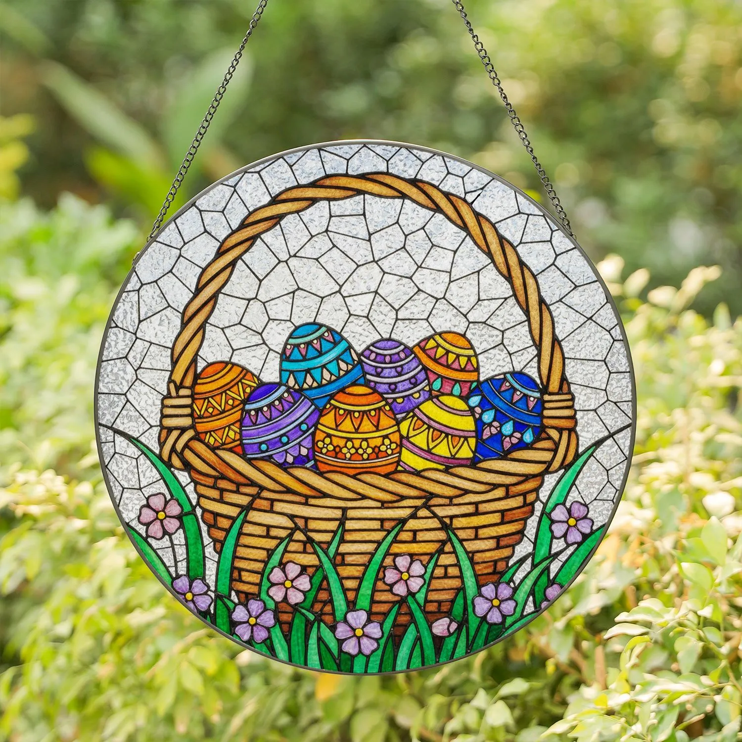 Tiffany Stained Glass Easter Basket Overflowing with Eggs & Flowers - Spring Holiday Decor Stained Glass Suncatcher - 1