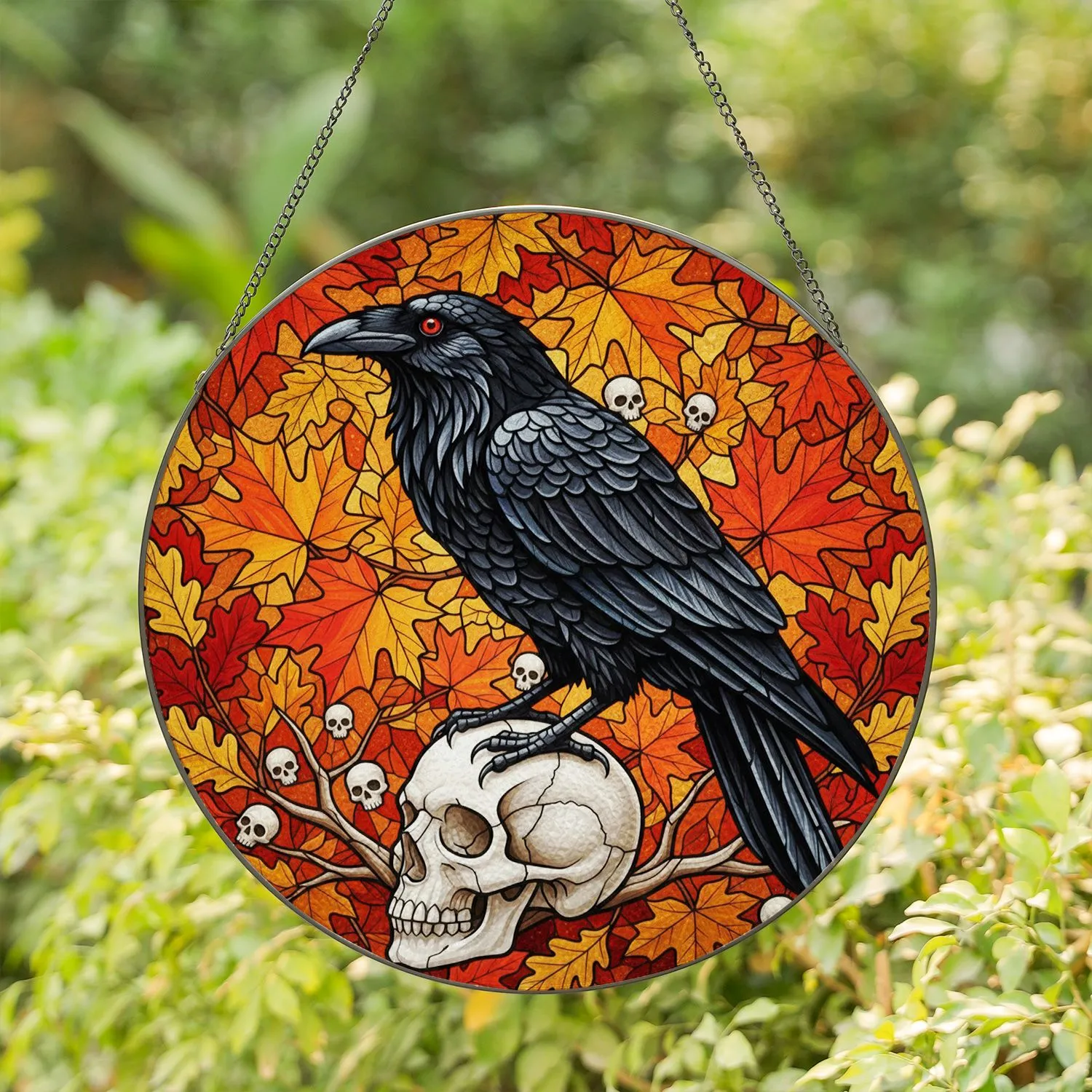 Black Raven Skull Autumn Leaves Mosaic - Red Eye Tiffany Style Intricate Layered Foliage Art Stained Glass Suncatcher - 1