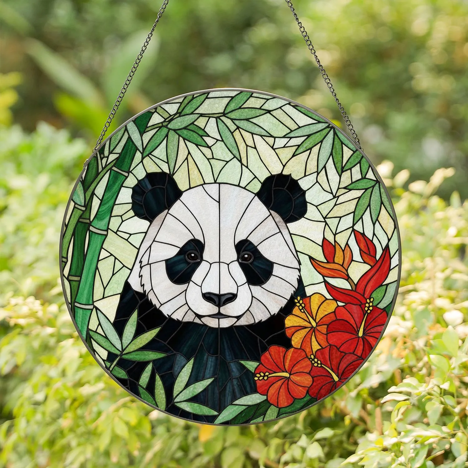 Panda Bear Bamboo Tropical Flowers Stained Glass - Tiffany Style Jewel Tone Mosaic Stained Glass Suncatcher - 1