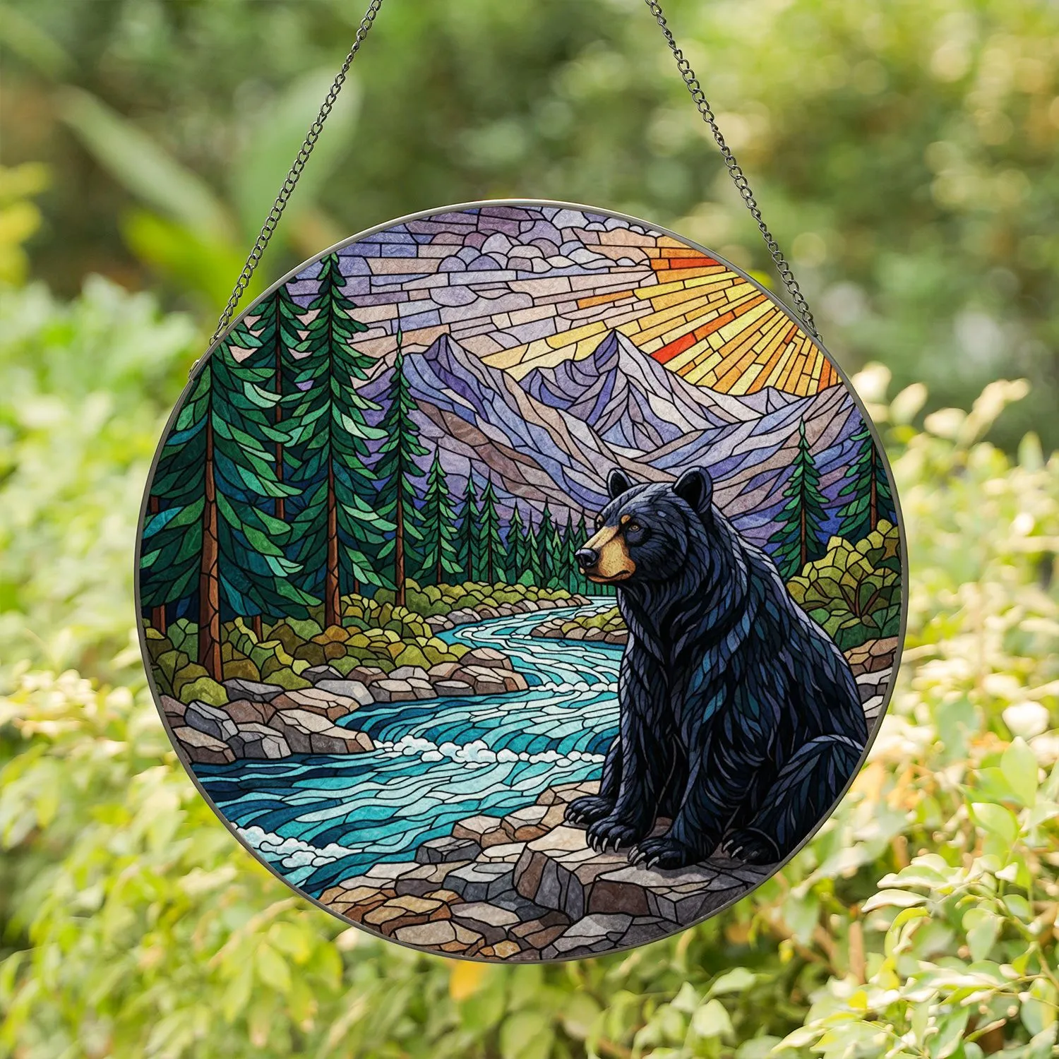 Black Bear River Mountains Evergreen Trees Stained Glass - Sun Rays Window Decor Stained Glass Suncatcher - 1