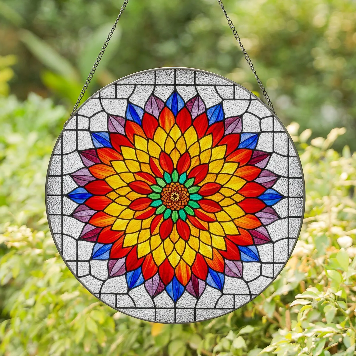 Vibrant Dahlia Chrysanthemum Stained Glass Flower - Tiffany Style Layered Petal Mosaic Stained Glass Suncatcher - 1
