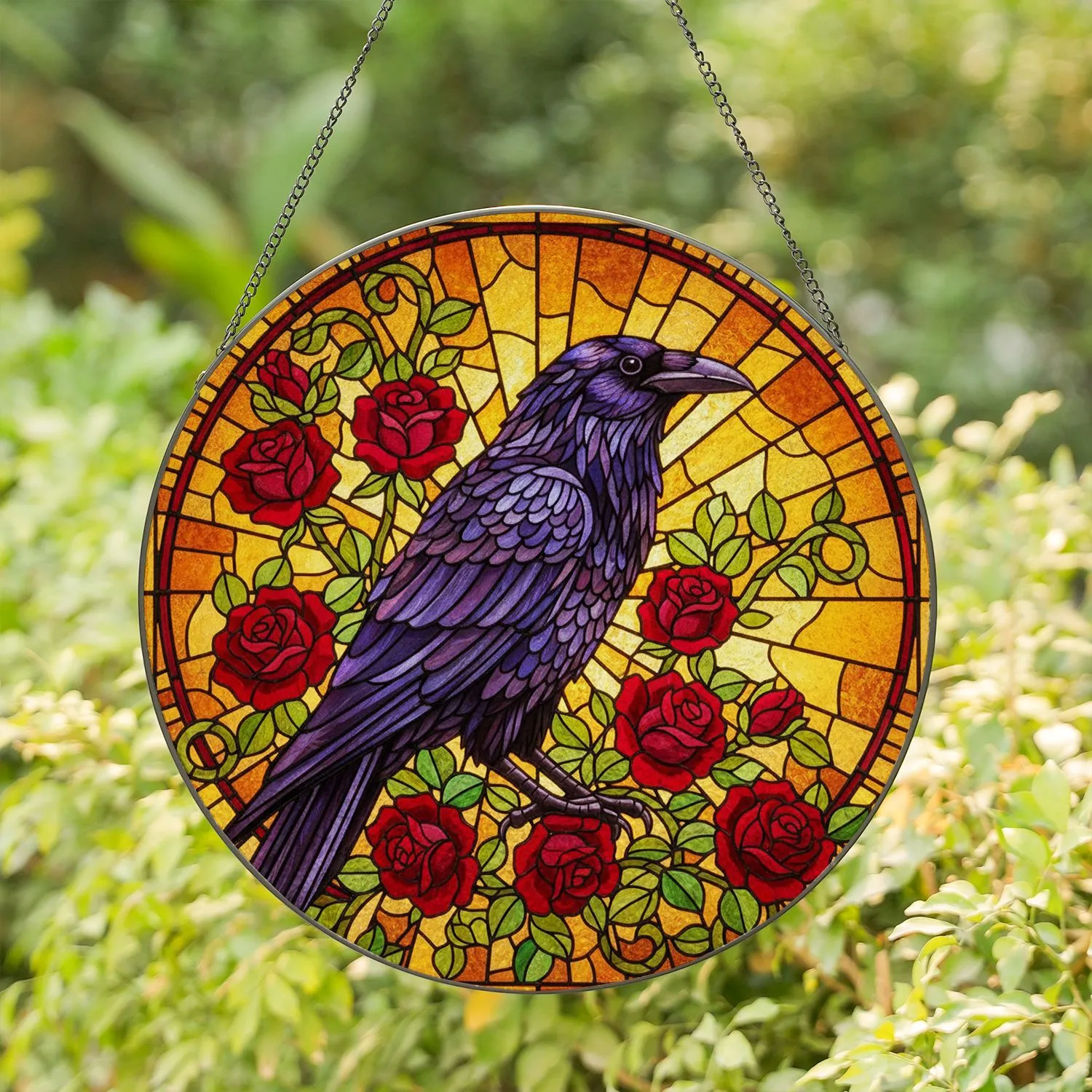 Majestic Raven Rose Stained Glass Mosaic - Tiffany Jewel Tones Intricate Glowing Design Stained Glass Suncatcher - 1