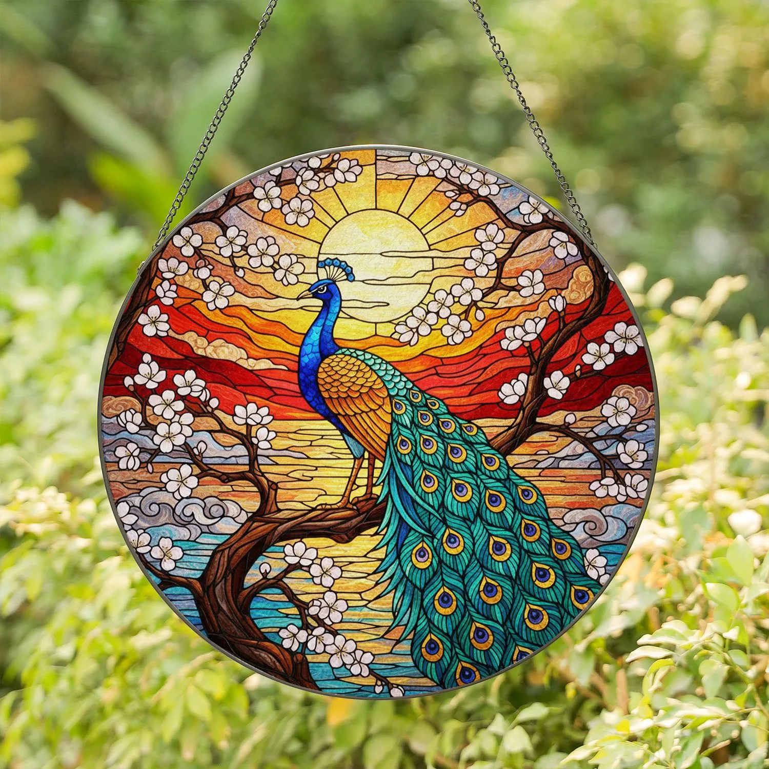 Majestic Peacock Stained Glass Art, Cherry Blossoms Sunset Tiffany Window Suncatcher Stained Glass Suncatcher - 1