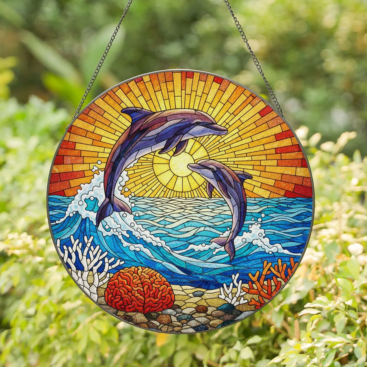 Two Dolphins Leaping Ocean Waves Radiant Sun Colorful Coral Reef Tiffany Style Stained Glass Stained Glass Suncatcher - 1