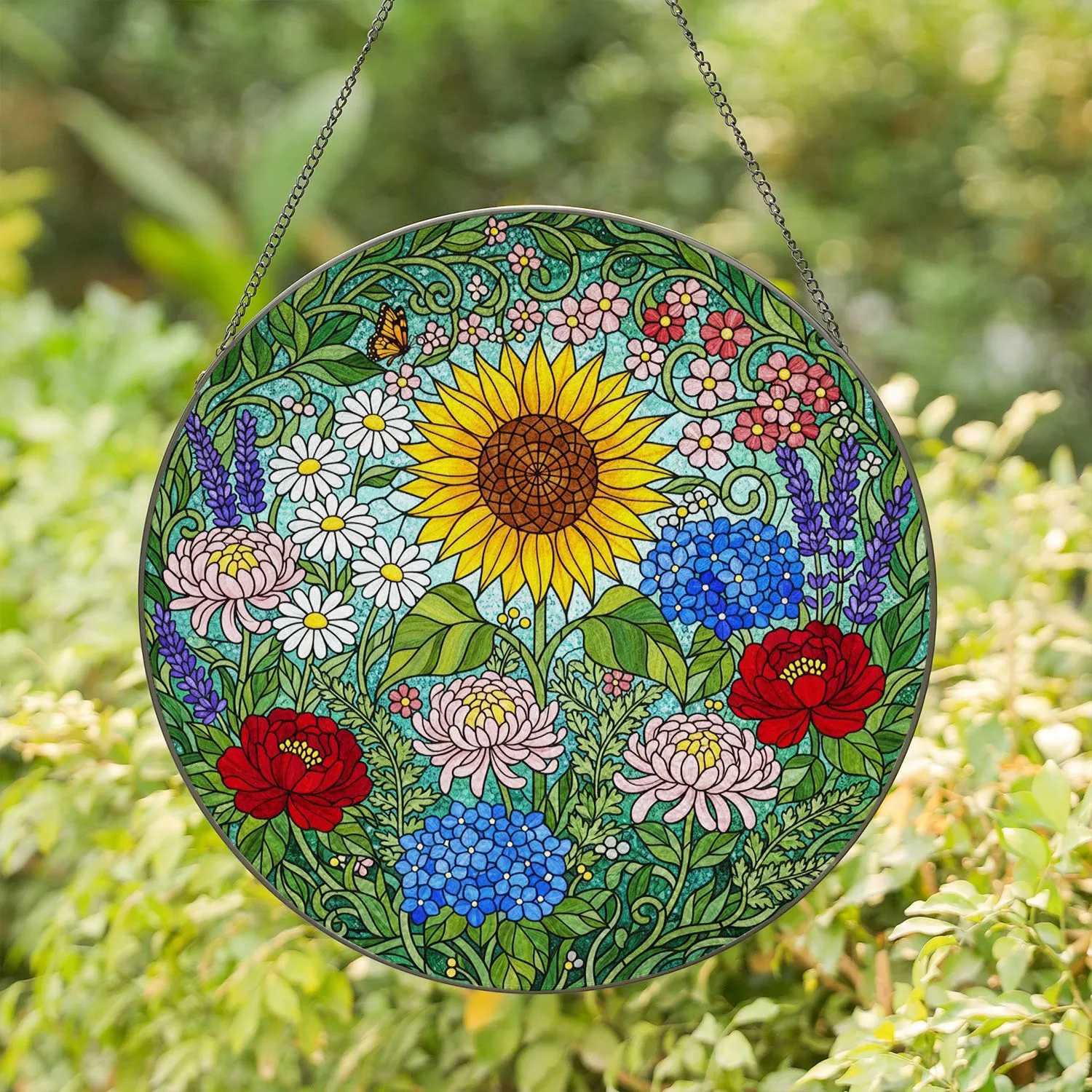 Sunflower Daisy Hydrangea Peony Intricate Stained Glass Art - Tiffany Floral Garden Decor Stained Glass Suncatcher - 1