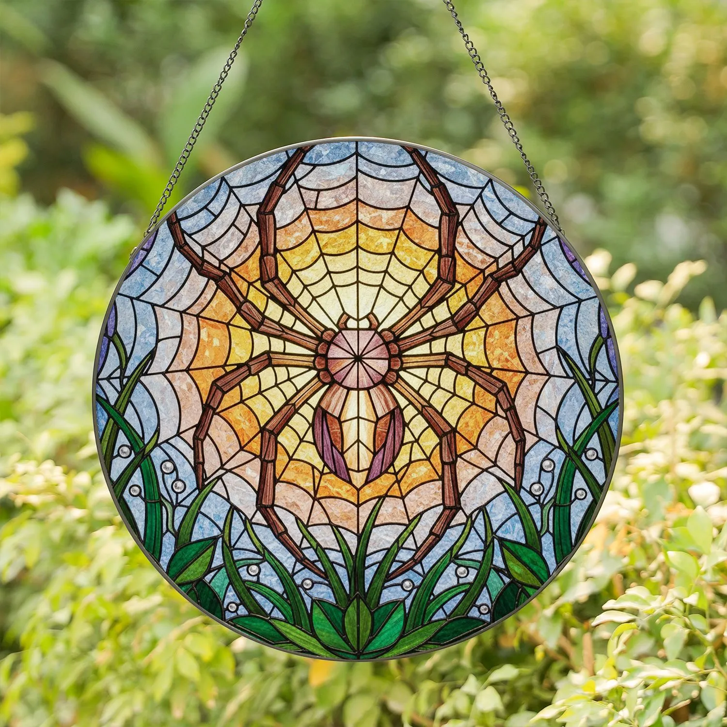 Intricate Spider Web Mosaic Tiffany Stained Glass Jewel Tone Translucent Window Decor Stained Glass Suncatcher - 1