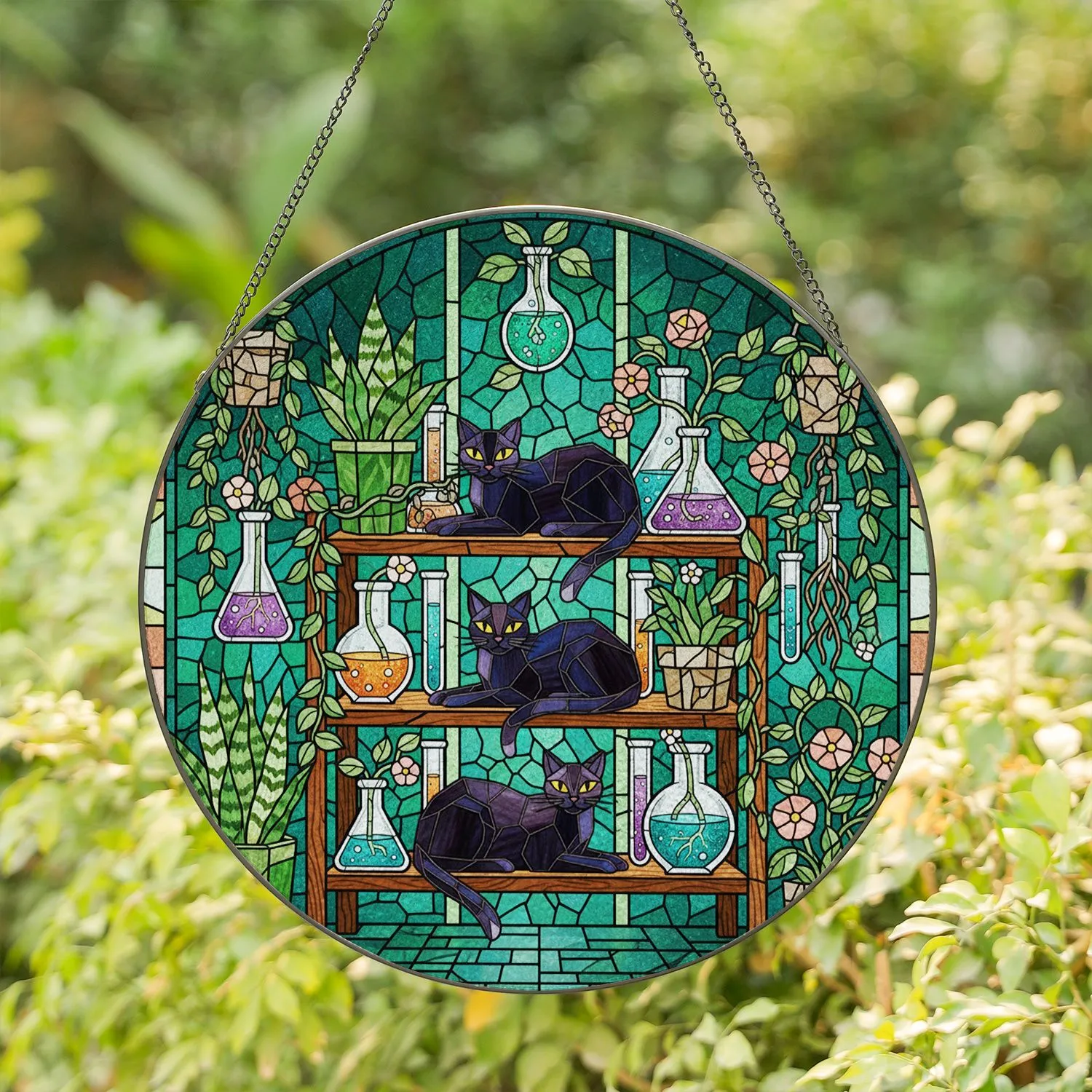 Stained Glass Black Cat Shelf Plants Laboratory Garden Mosaic Jewel Tones Stained Glass Suncatcher - 1