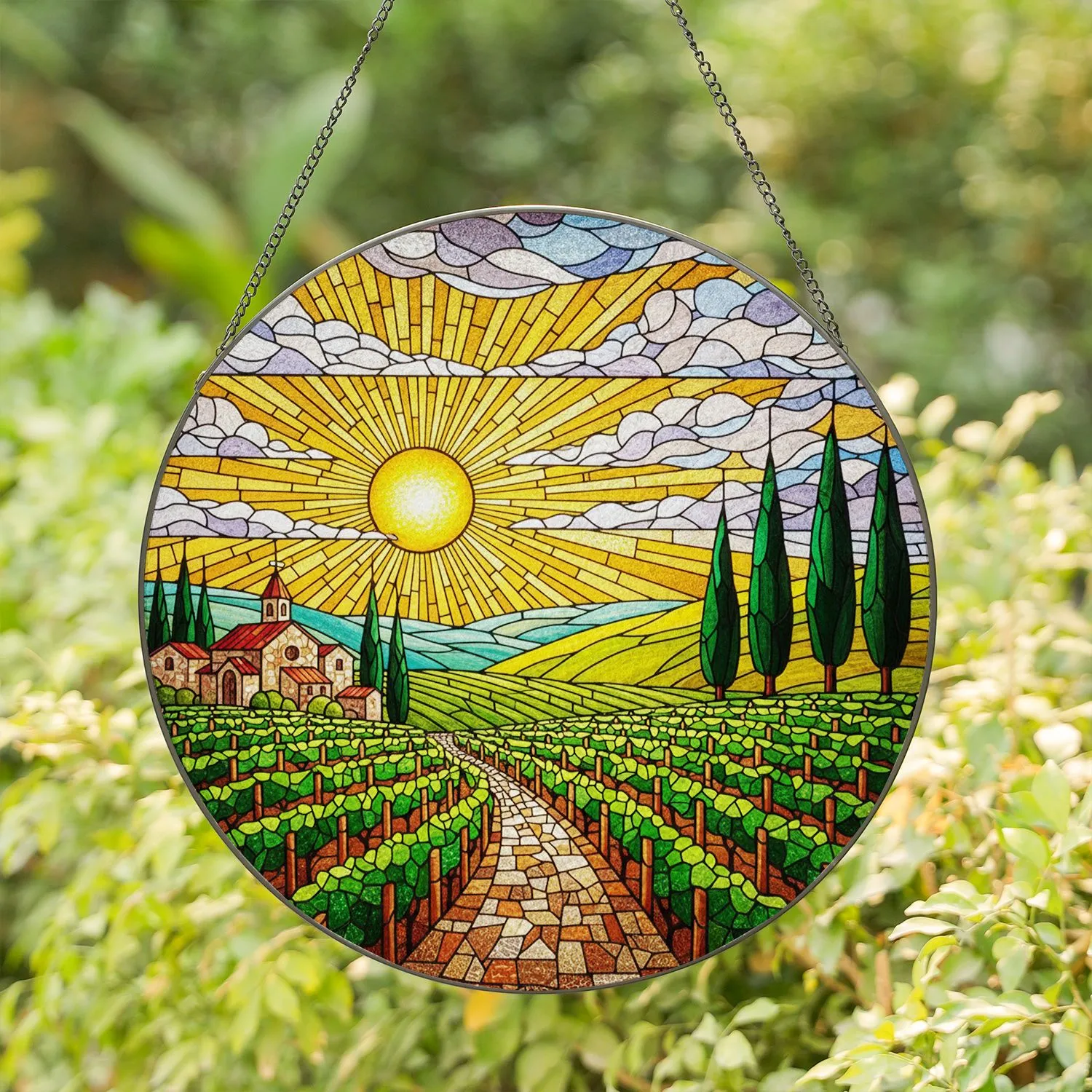 Tiffany Stained Glass Vineyard Grapes Church Village Cypress Trees Sun Hills Landscape Stained Glass Suncatcher - 1
