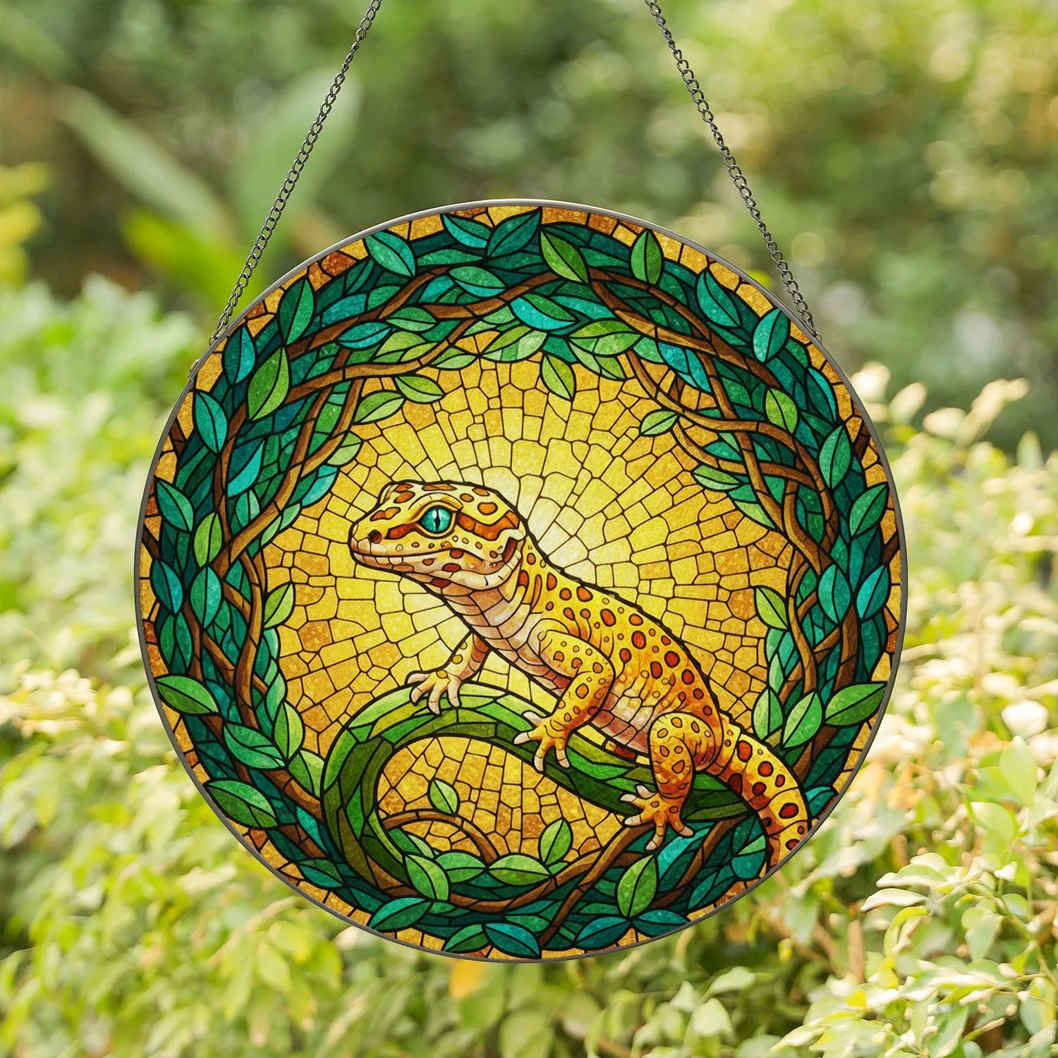 Leopard Gecko Stained Glass Tiffany Style Art with Intricate Scales, Lush Vine & Sunlight Stained Glass Suncatcher - 1