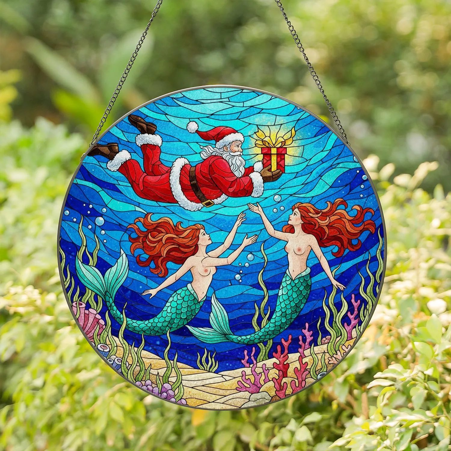 Santa Claus Underwater Mermaids Stained Glass Ocean Art - Christmas Holiday Decor Gift Stained Glass Suncatcher - 1