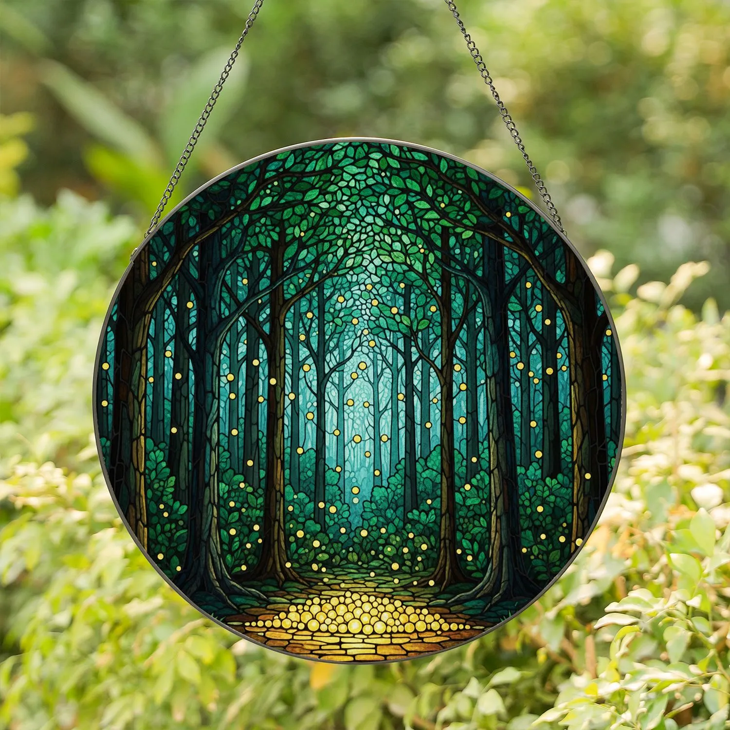 Enchanted Forest Glowing Fireflies Stained Glass Design - Mystical Nature Lover Gift Stained Glass Suncatcher - 1
