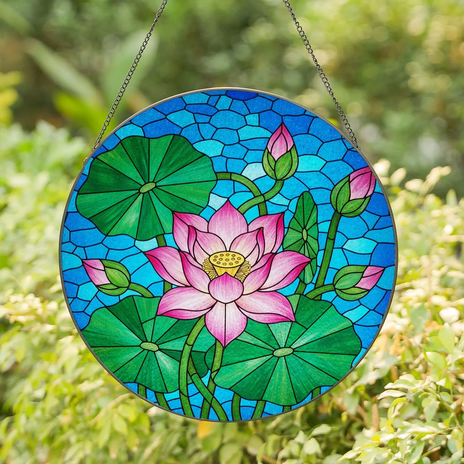 Pink Lotus Flower Yellow Center Tiffany Stained Glass Lily Pads Water Mosaic Stained Glass Suncatcher - 1