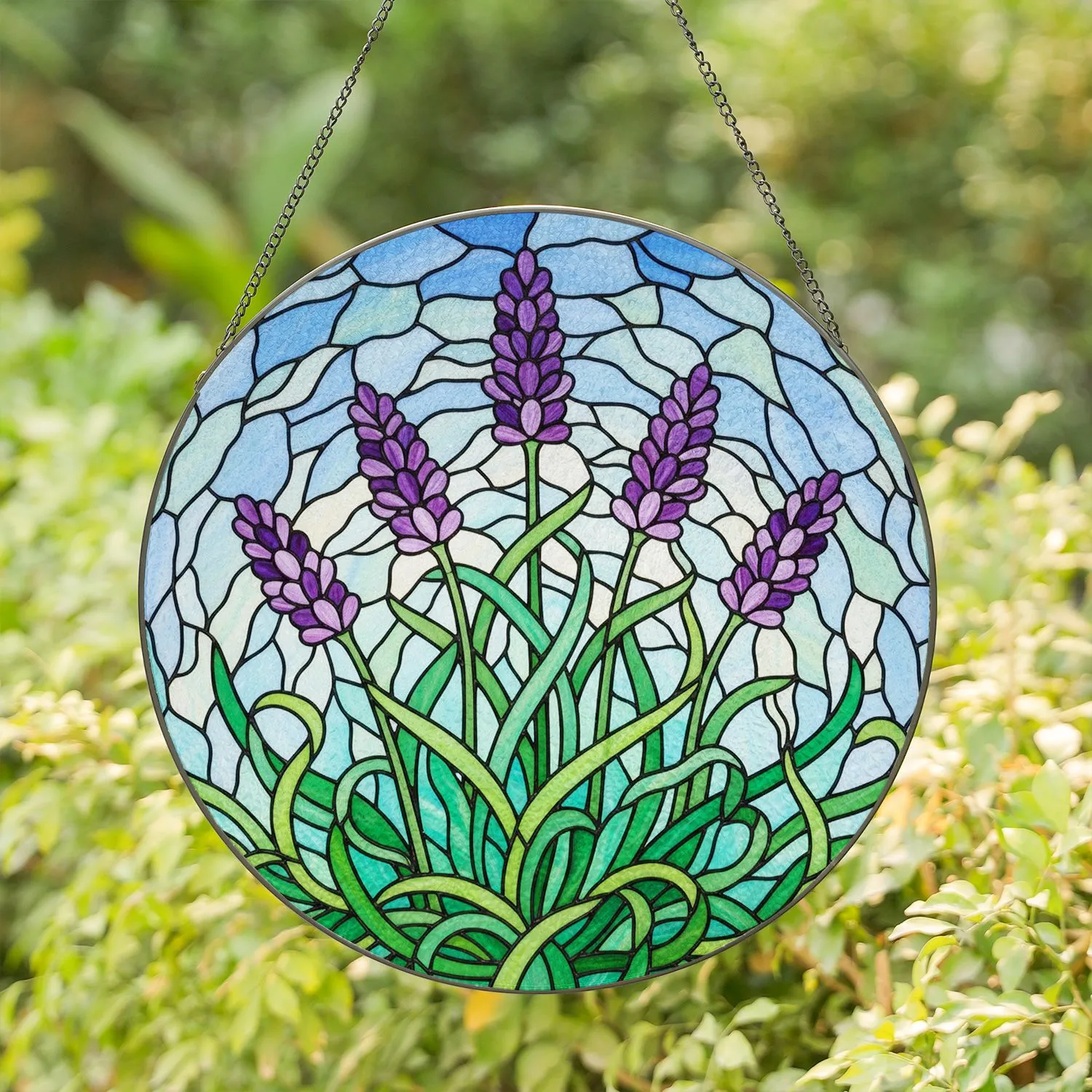Lavender Flower Stained Glass Tiffany Art - Purple Green Blue Mosaic Sky Window Decor Stained Glass Suncatcher - 1