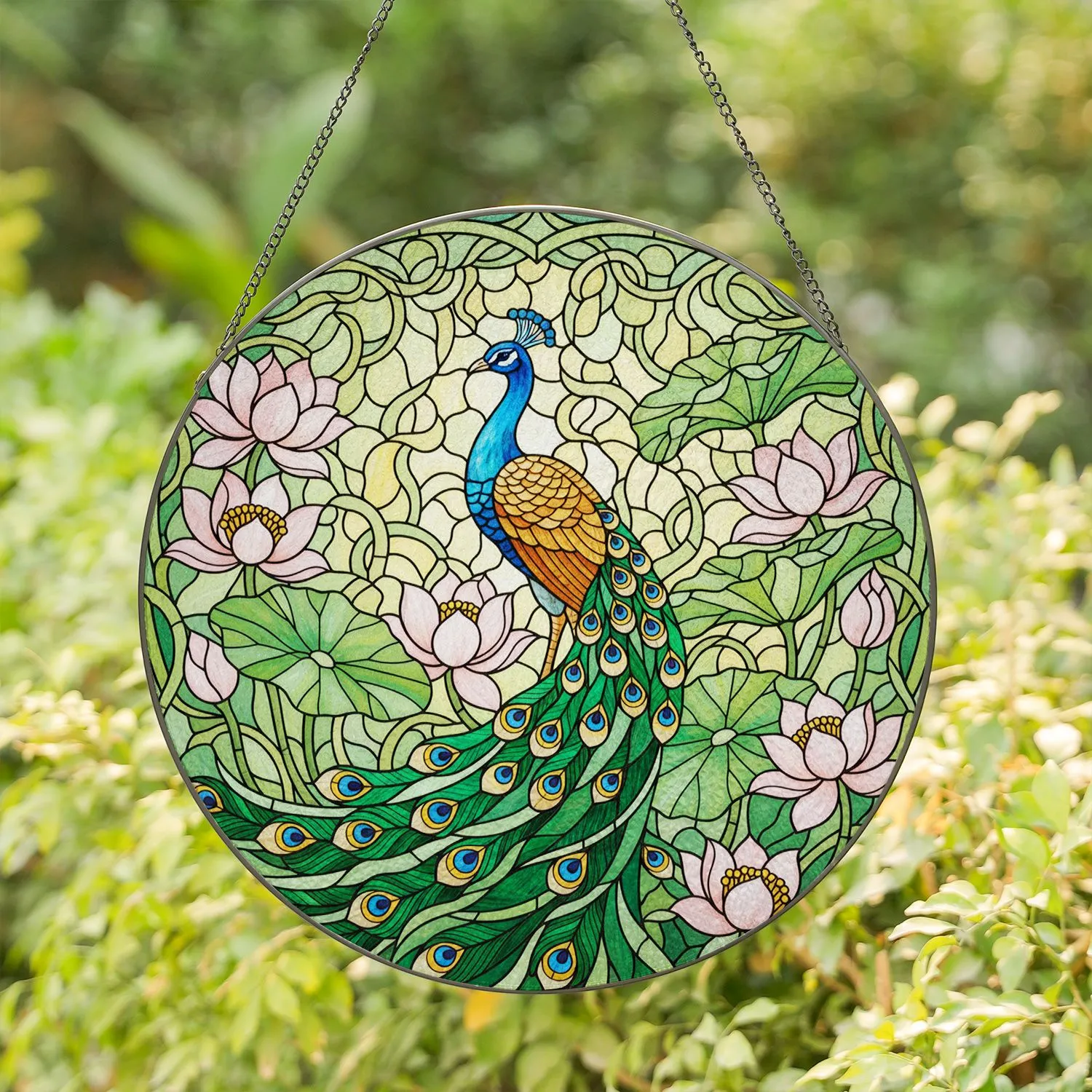 Stained Glass Peacock Lotus Flowers Art - Tiffany Style Translucent Glass Design Stained Glass Suncatcher - 1