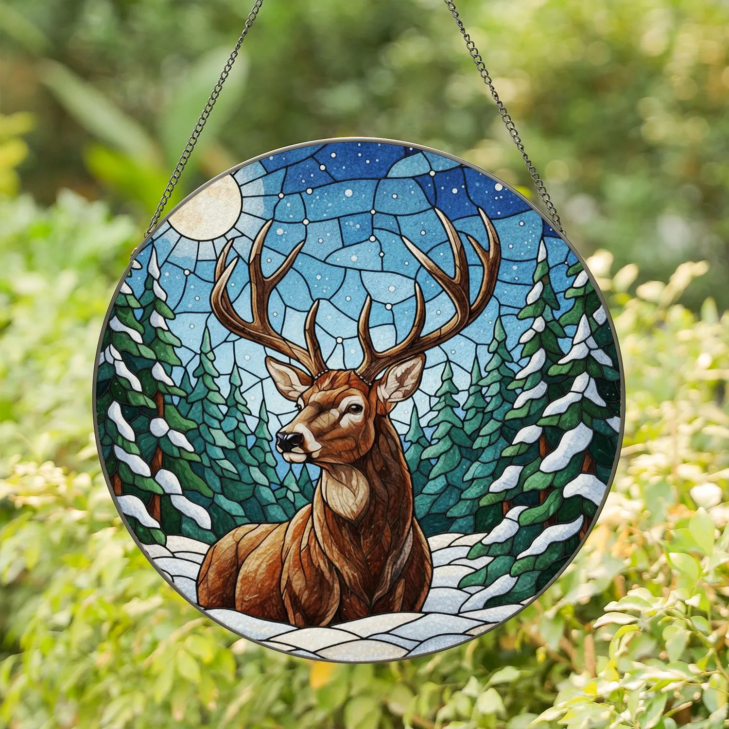 Majestic Stag Deer Stained Glass Moon Winter Forest Snow Starry Night Tiffany Scene Stained Glass Suncatcher - 1