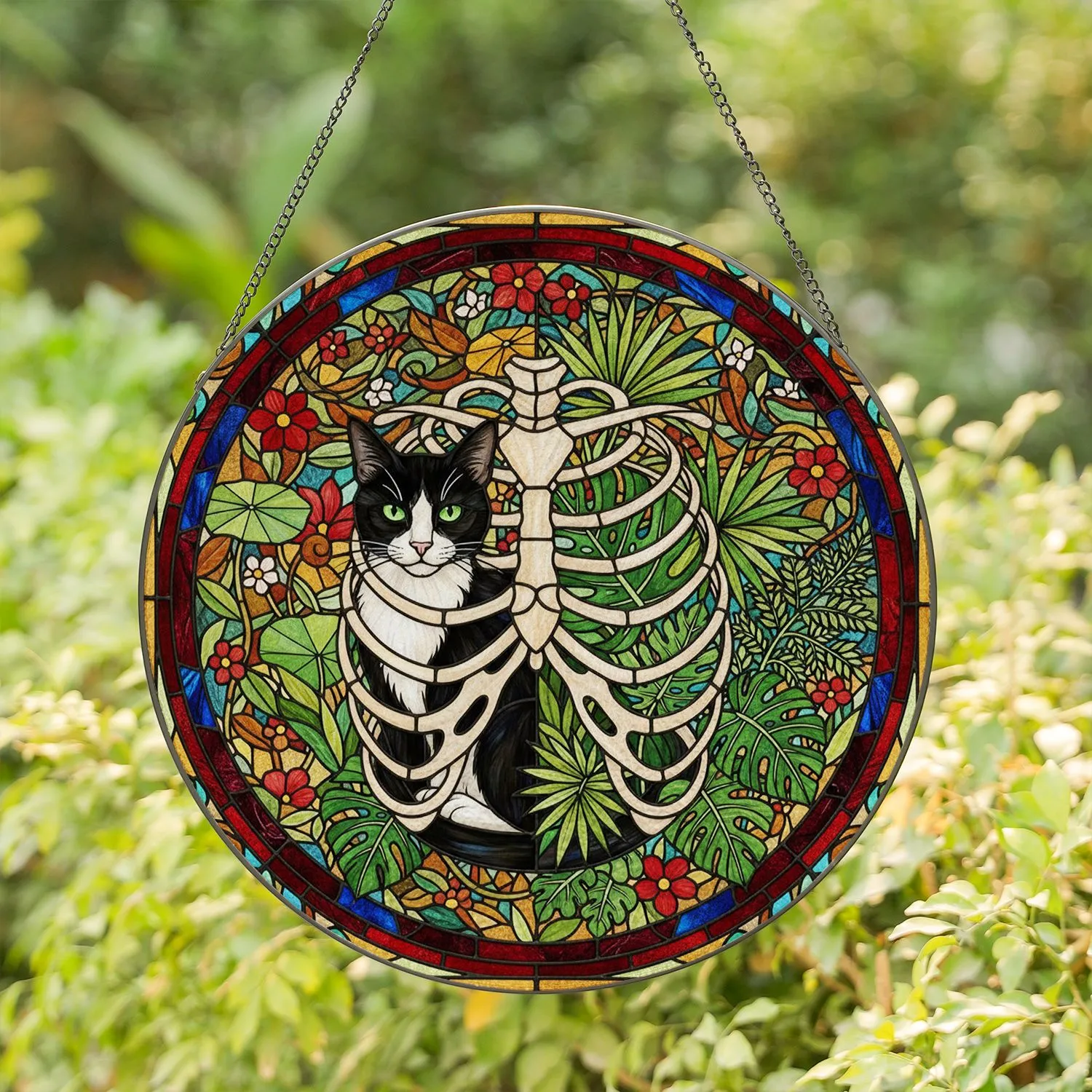 Black Tuxedo Cat Rib Cage Tropical Leaves Tiffany Style Stained Glass Home Decor Stained Glass Suncatcher - 1