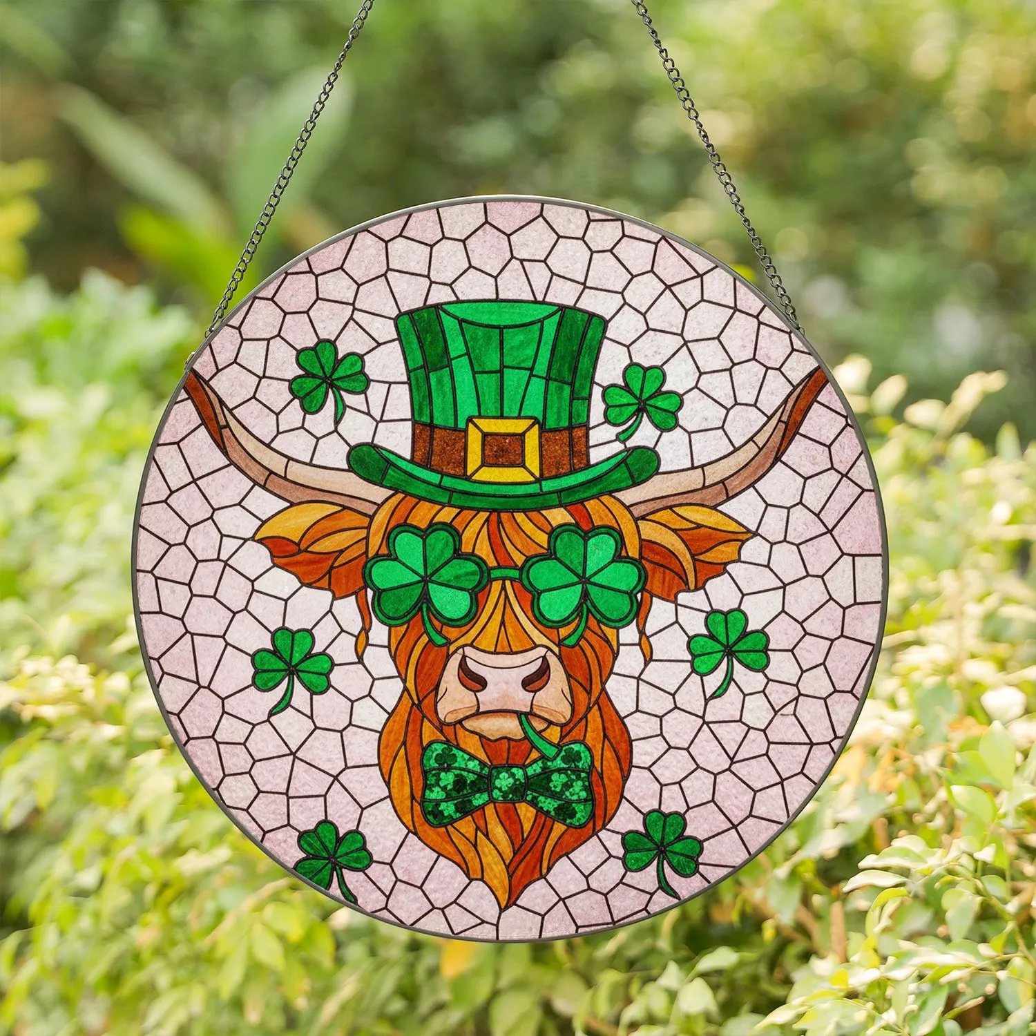 Shaggy Highland Cow Leprechaun Hat Shamrock Sunglasses - St. Patrick's Day Cow Lover Gift Stained Glass Suncatcher - 1
