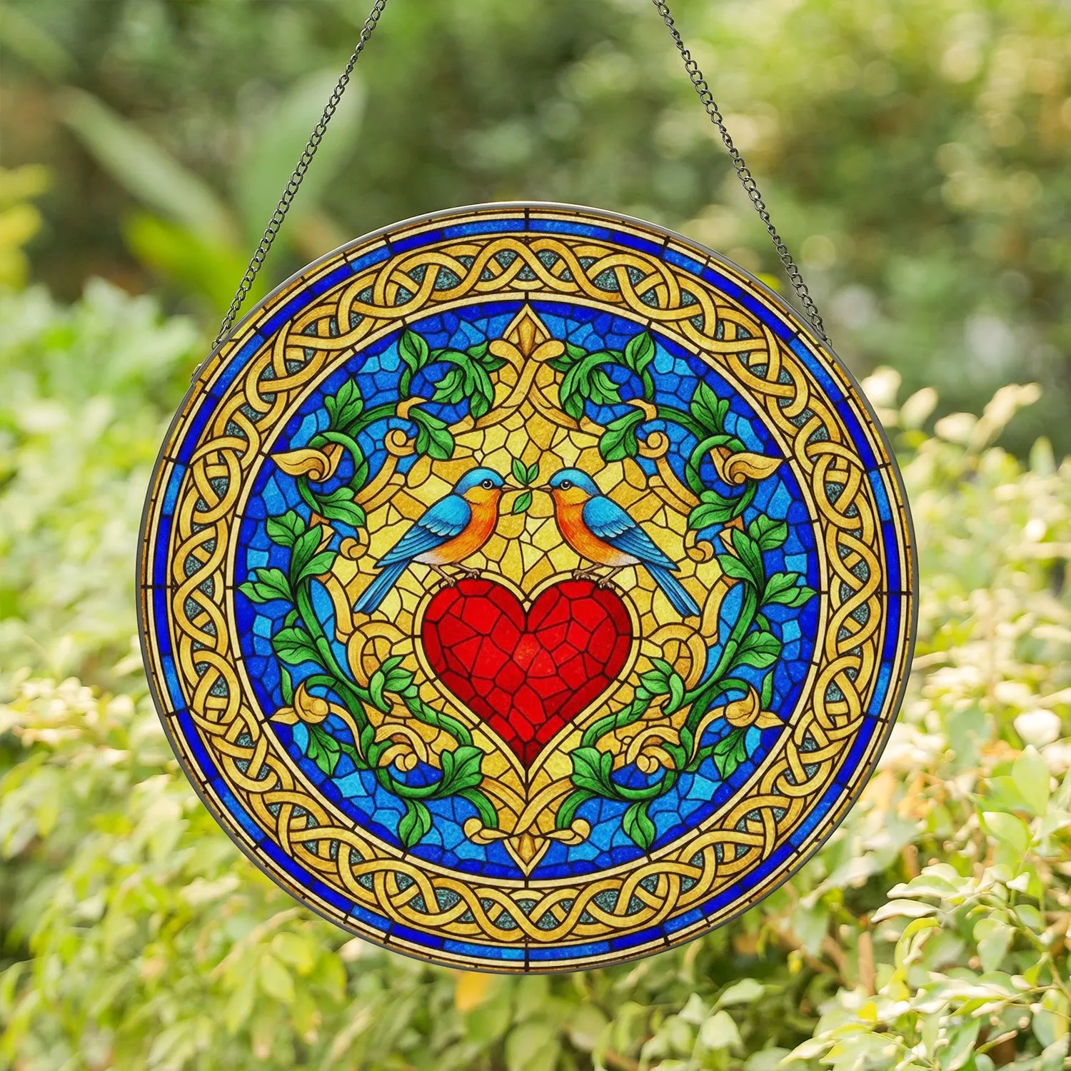 Colorful Birds Red Heart Celtic Knot Tiffany Stained Glass Mosaic Art Translucent Jewel Tones Stained Glass Suncatcher - 1