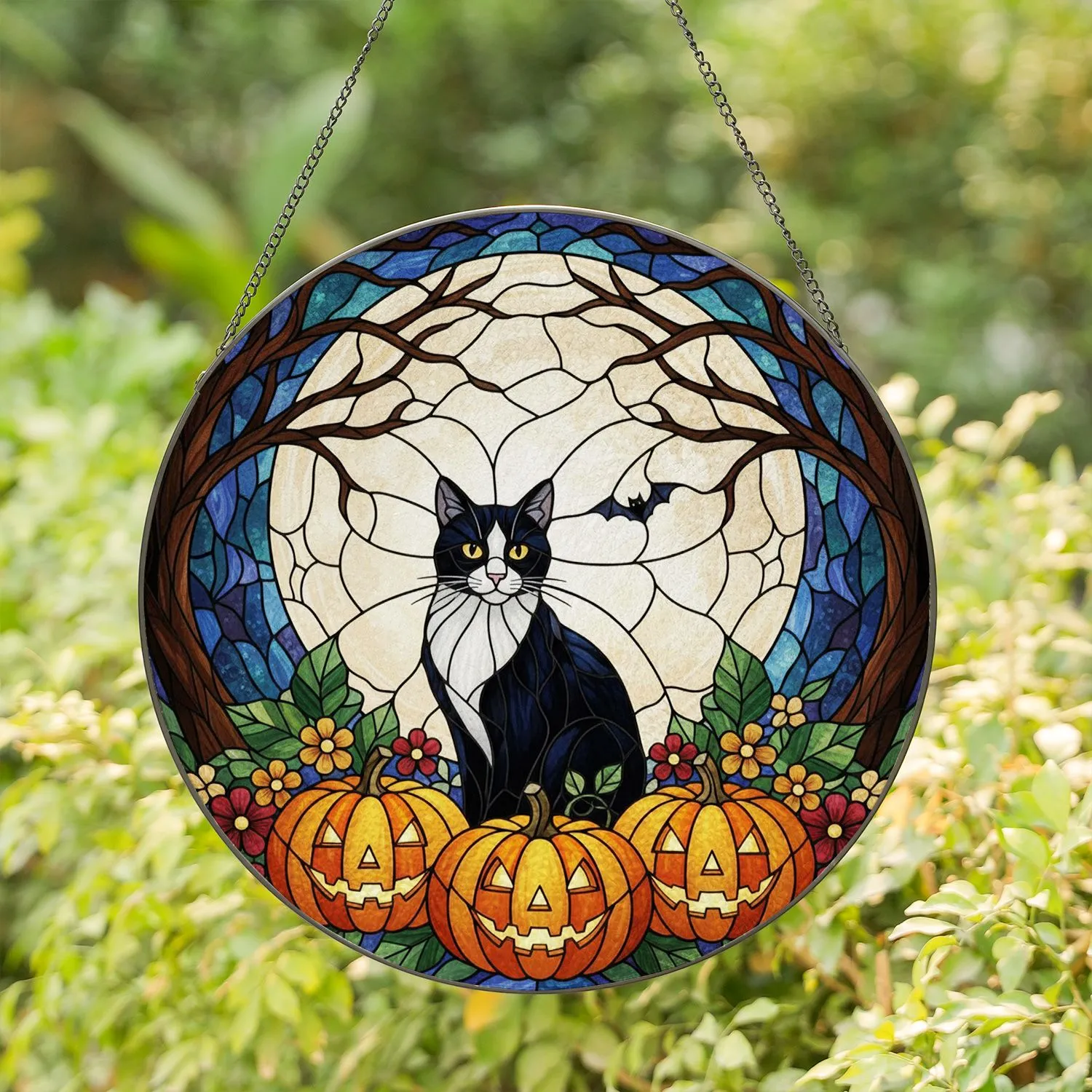 Tuxedo Cat Jack-o'-Lanterns Full Moon Bat Bare Trees Jewel Tone Halloween Fall Decor Stained Glass Suncatcher - 1