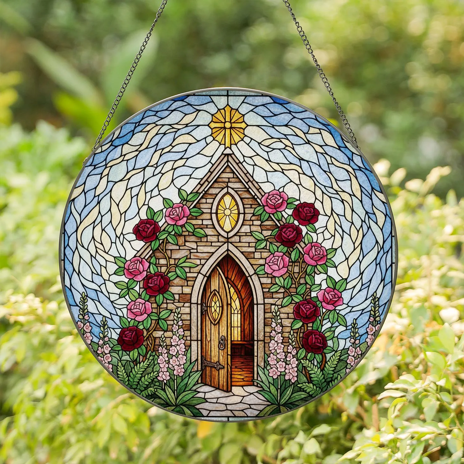 Stained Glass Chapel Rose Garden & Floral Vines - Intricate Tiffany Mosaic Sky Art Stained Glass Suncatcher - 1