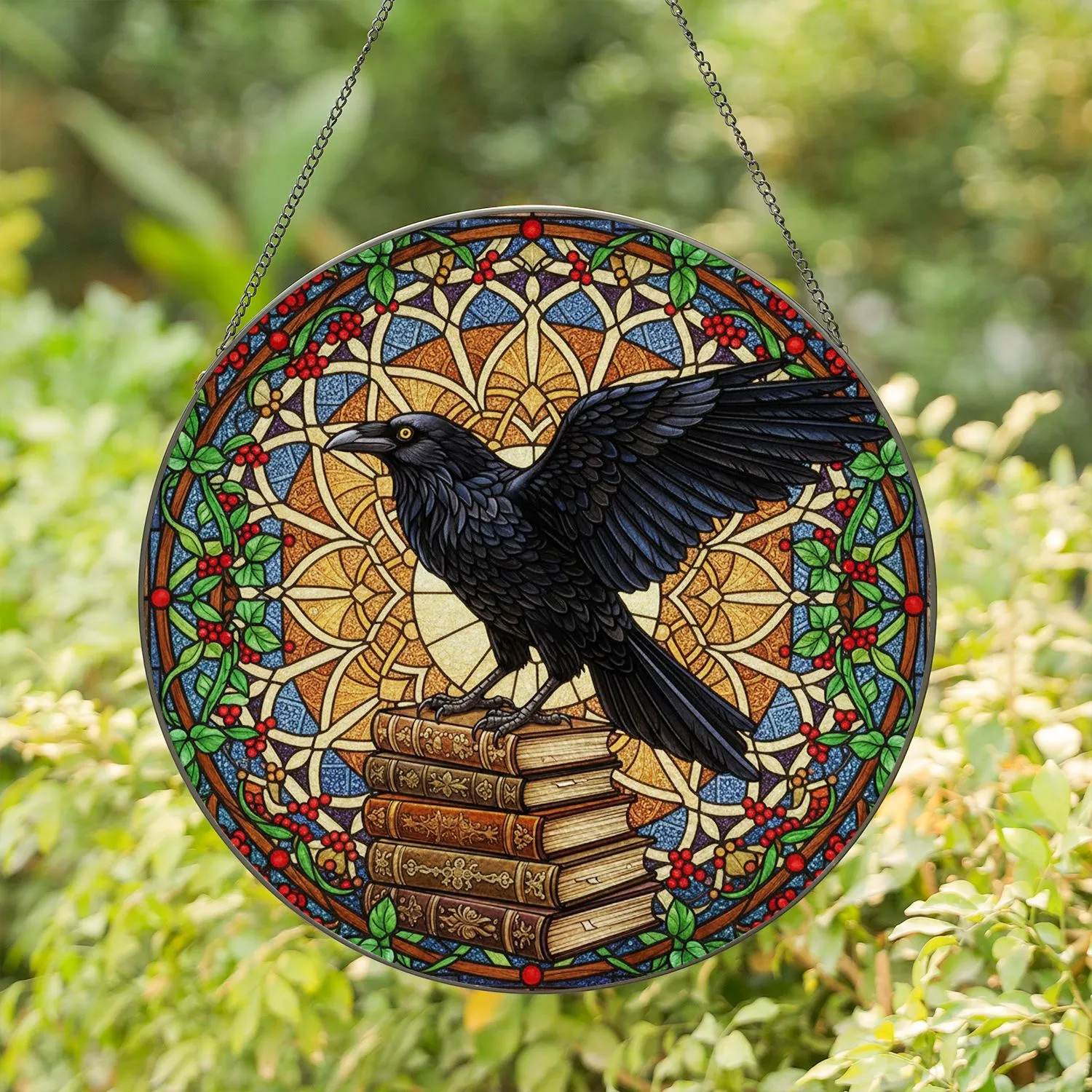 Black Raven Stained Glass Books - Tiffany Jewel Tone Mosaic Green Leaves Red Berries Stained Glass Suncatcher - 1