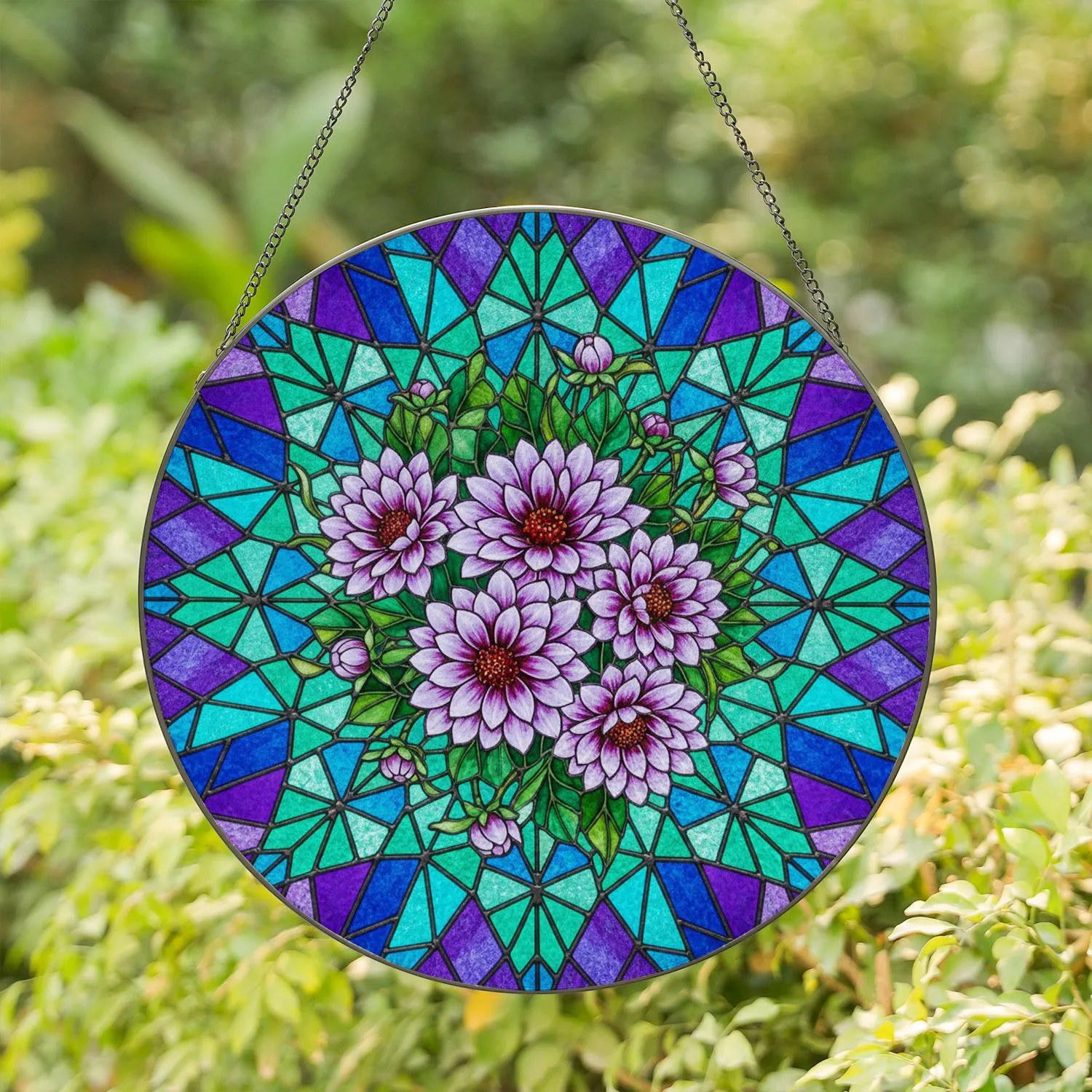 Dahlia Bouquet Stained Glass Flowers - Jewel Tone Tiffany Style Geometric Starburst Intricate Patterns Stained Glass Suncatcher - 1