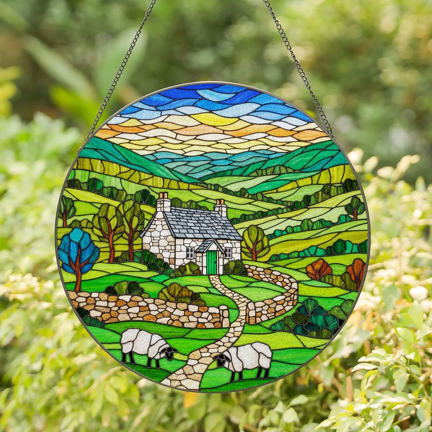 White Cottage Green Hillside Sheep Grazing - Stained Glass Tiffany Jewel Tone Art Stained Glass Suncatcher - 1
