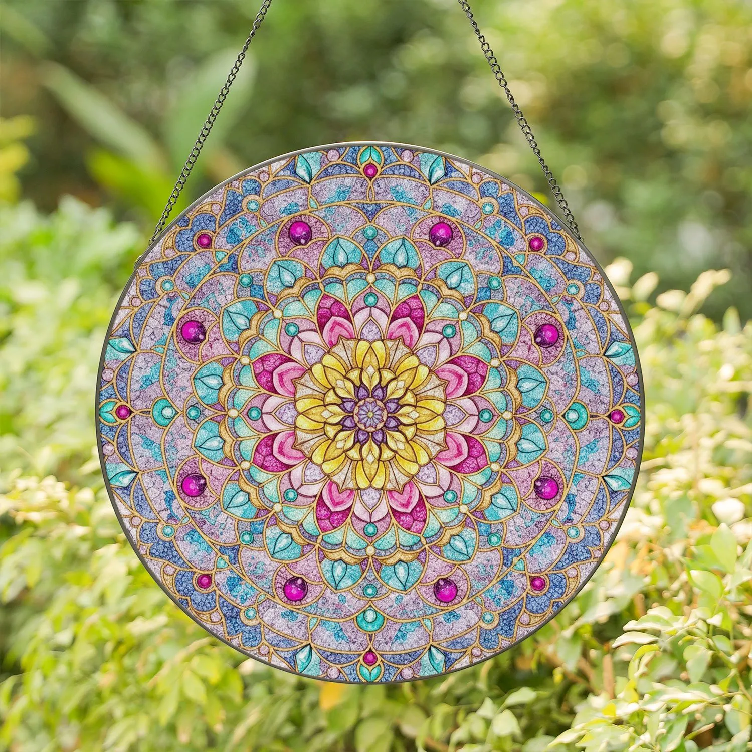 Symmetrical Floral Mandala Stained Glass Tiffany Style Art - Jewel Tones Aqua Pink Golden Stained Glass Suncatcher - 1