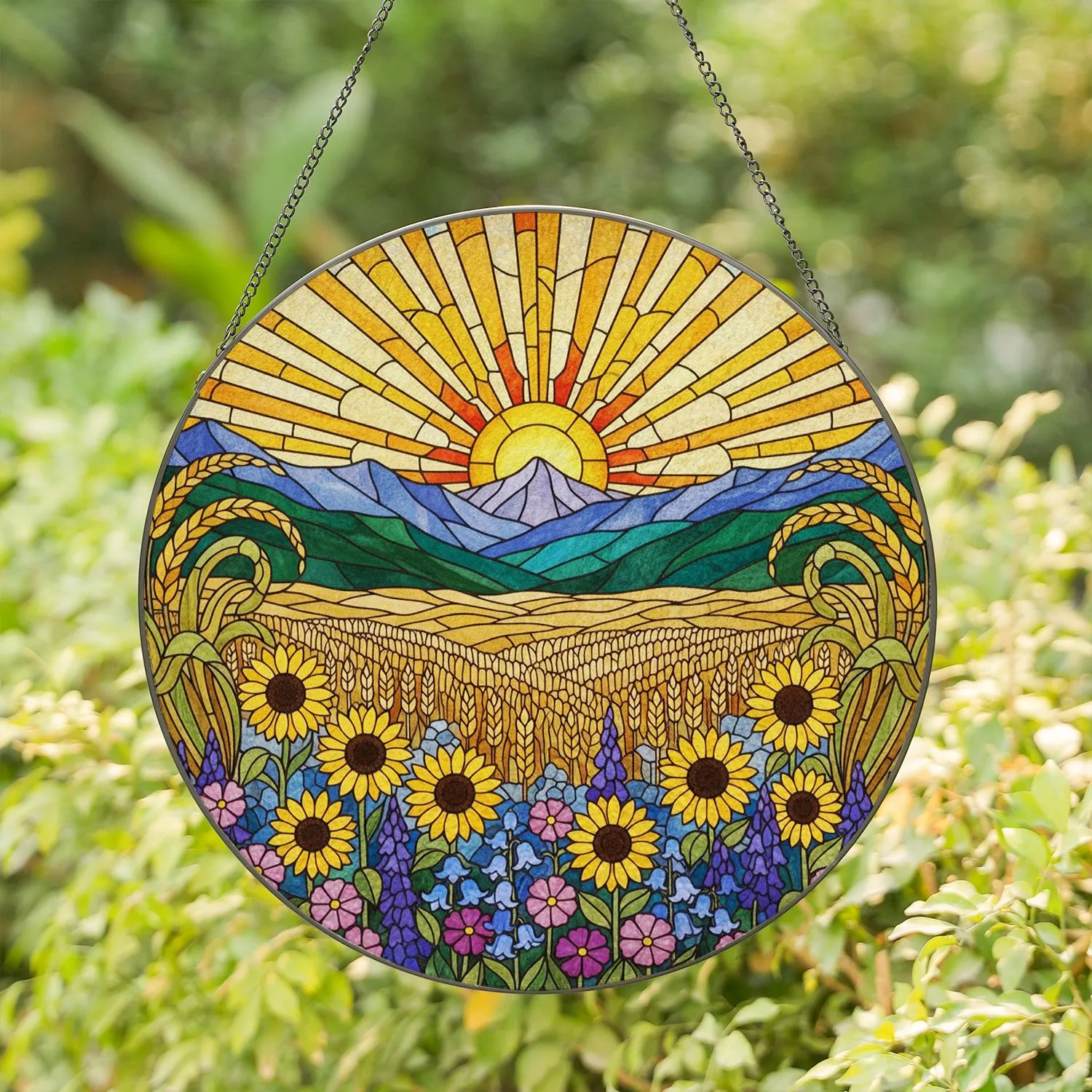 8k Tiffany Stained Glass Radiant Sun Golden Wheat Sunflowers Mountain Intricate Stained Glass Suncatcher - 1