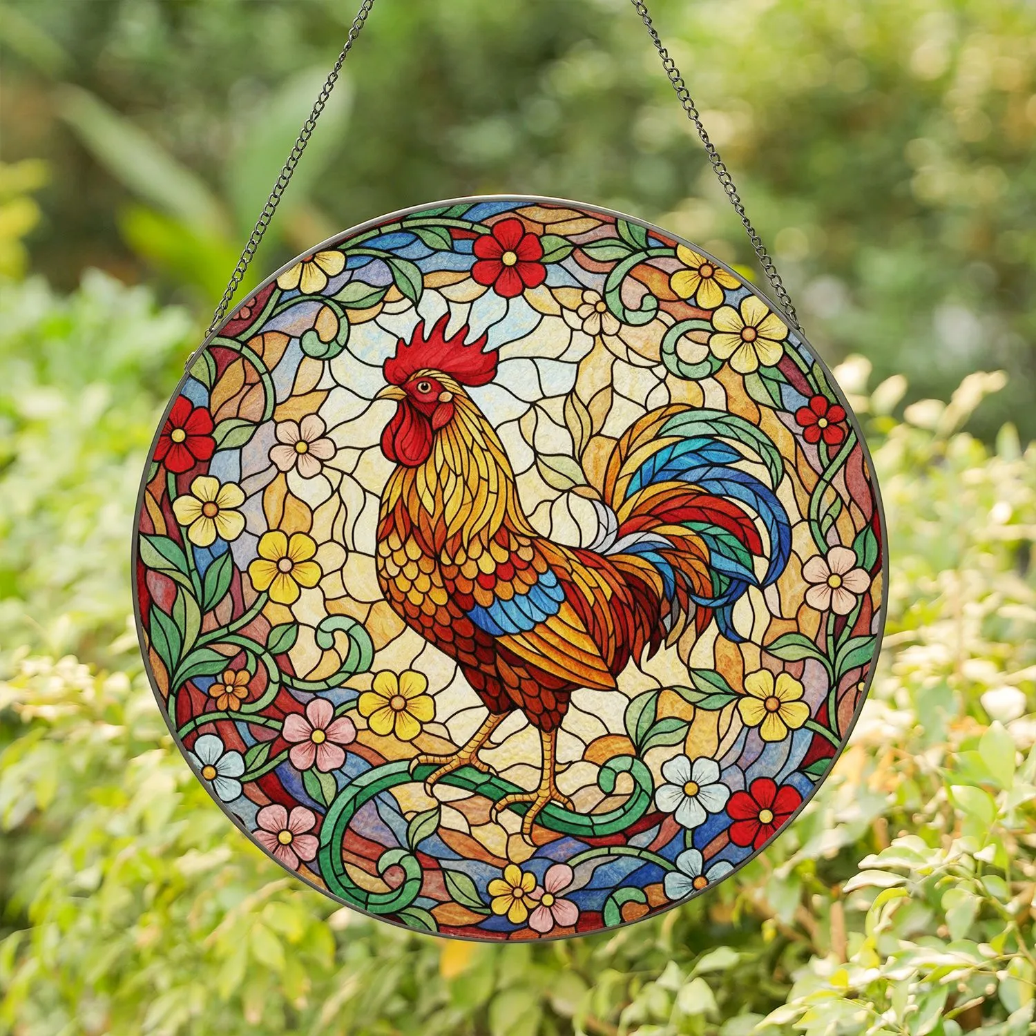 Stained Glass Rooster Floral Vines - Intricate Tiffany Jewel Tone Mosaic Art Stained Glass Suncatcher - 1
