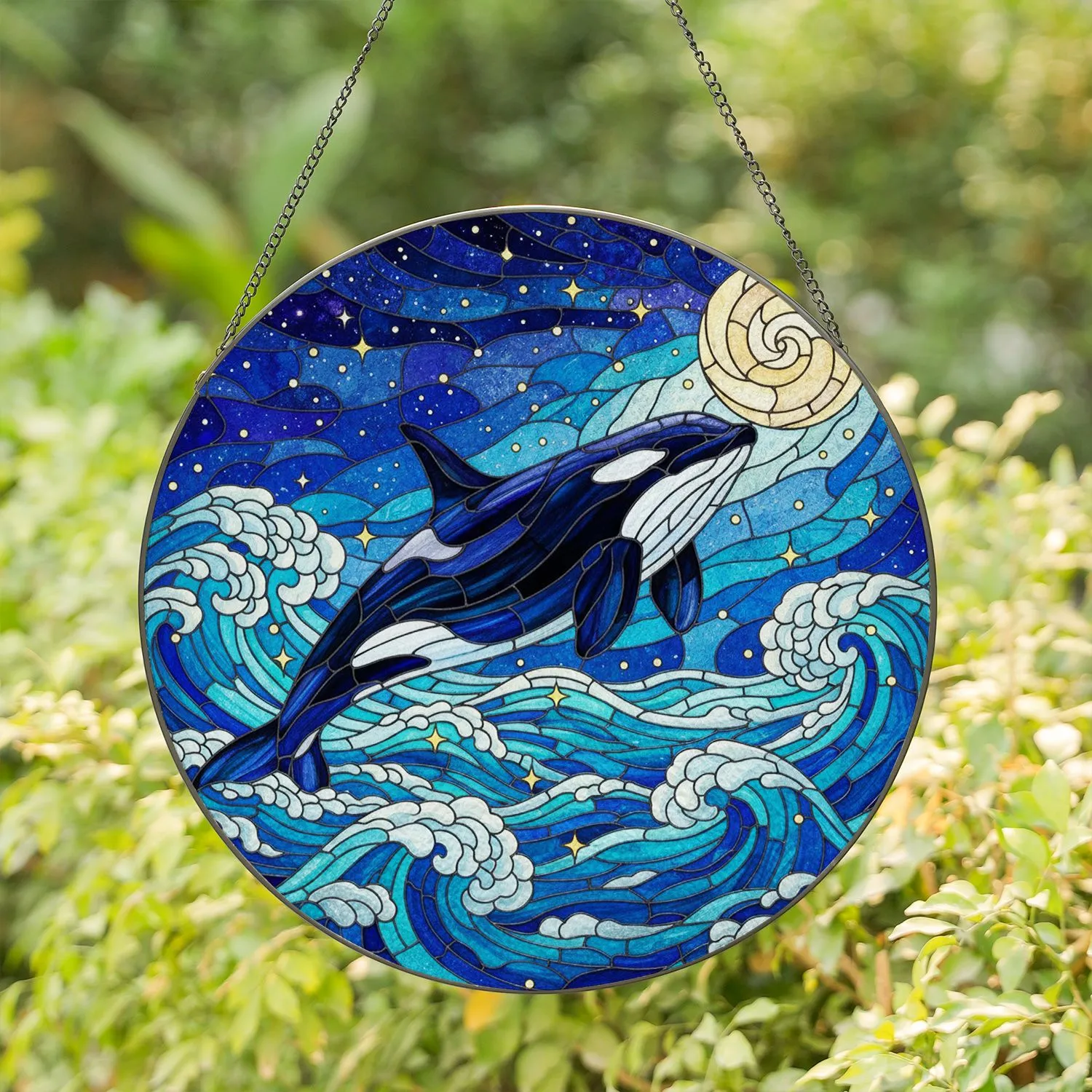 Orca Whale Stained Glass Night Sky Full Moon - Ocean Waves Golden Stars Celestial Art Stained Glass Suncatcher - 1