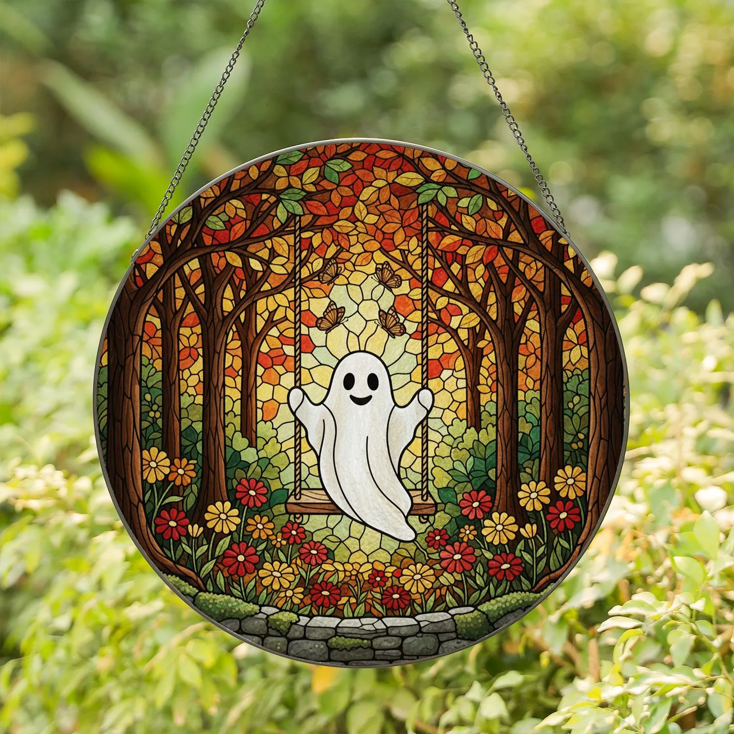 Ghost Rope Swing Autumn Forest Butterflies Tiffany Stained Glass Mosaic Panel Stained Glass Suncatcher - 1